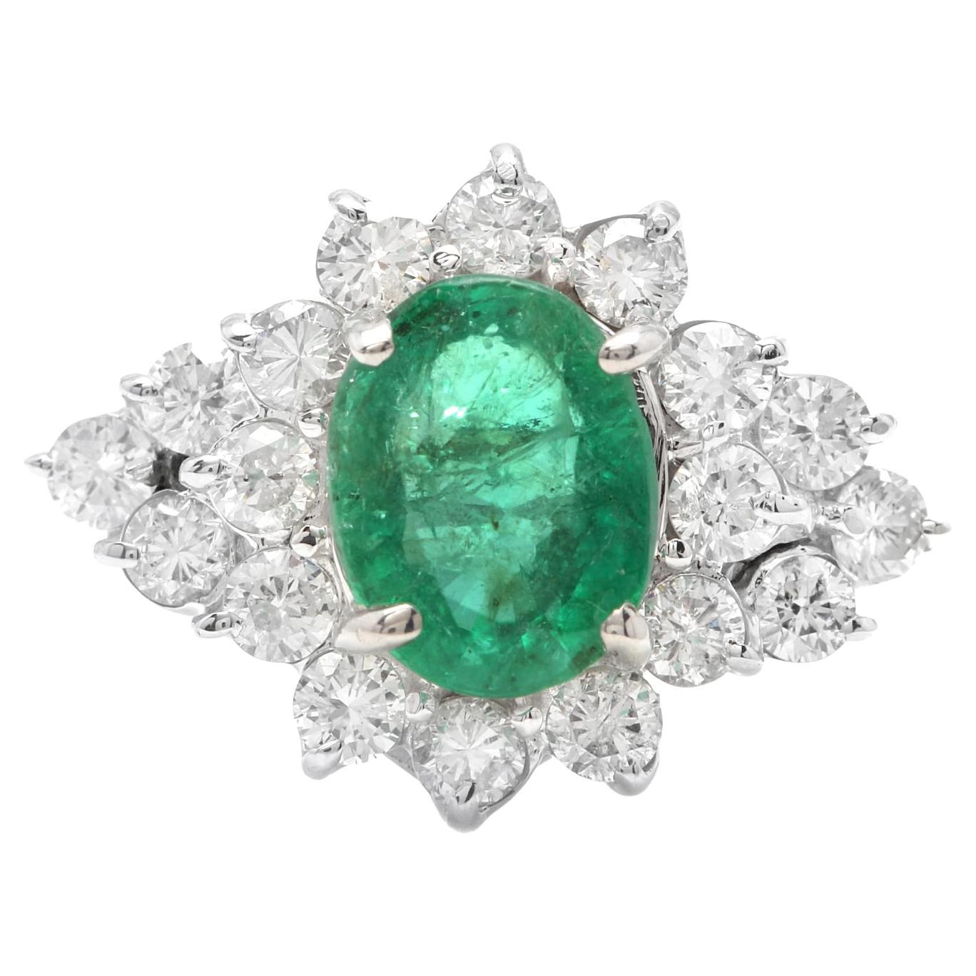 3.60 Carats Natural Emerald and Diamond 14K Solid White Gold Ring For Sale