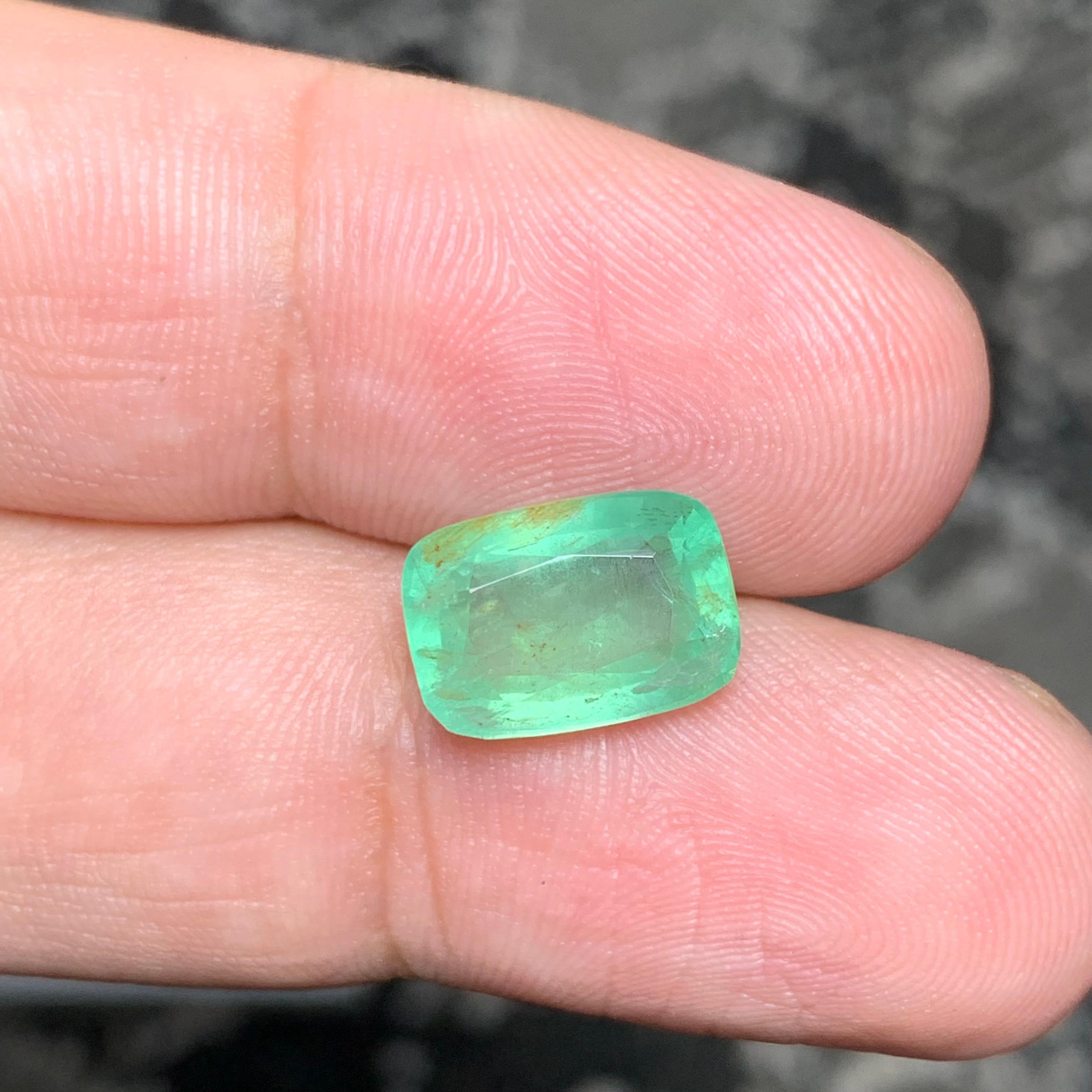 Loose Emerald 
Weight: 3.60 Carat
Dimension: 11.3x7.8x5.7 Mm
Origin: Cushion
Color: Light Green 
Treatment: Non
Certificate: On Client Demand
Origin: Chitral Pakistan 
The term 