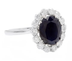 3.60 Carats Natural Sapphire and Diamond 14k Solid White Gold Ring