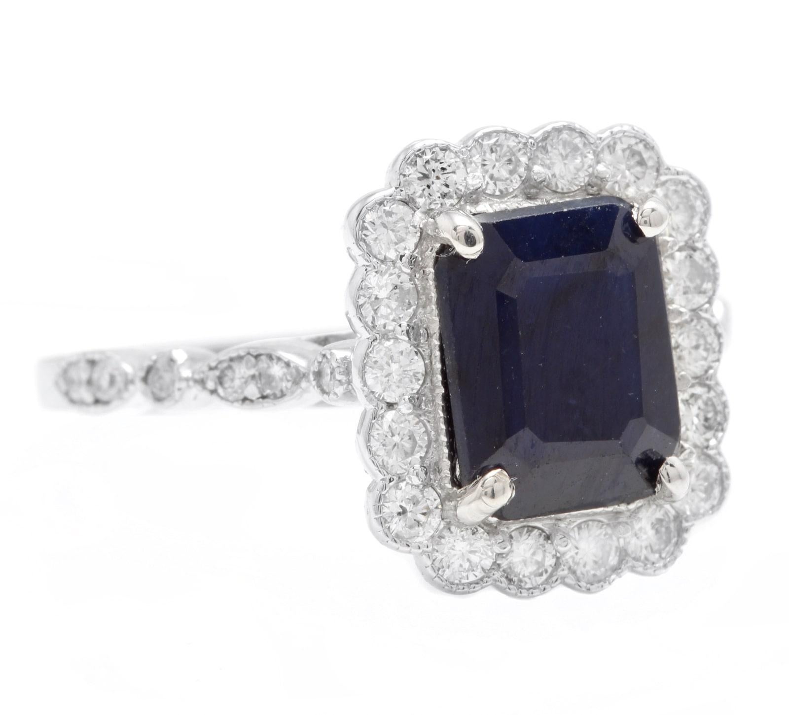 3.60 Carats Natural Sapphire and Diamond 14K Solid White Gold Ring

Suggested Replacement Value: Approx. $5,000.00

Total Natural Emerald Cut Sapphire Weights: Approx. 3.00 Carats 

Sapphire Measures: Approx. 9.00 x 7.00mm

Sapphire Treatment:
