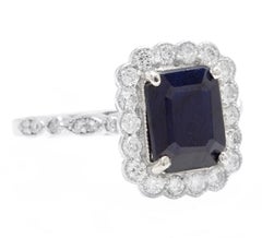 3.60 Carats Natural Sapphire and Diamond 14k Solid White Gold Ring
