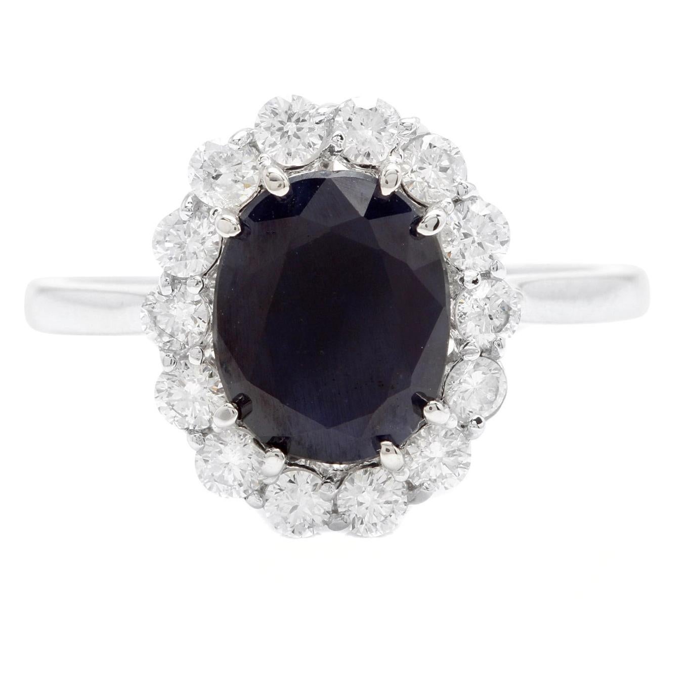 3.60 Carats Natural Sapphire and Diamond 14k Solid White Gold Ring For Sale