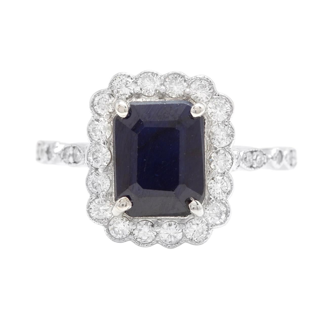 3.60 Carats Natural Sapphire and Diamond 14k Solid White Gold Ring