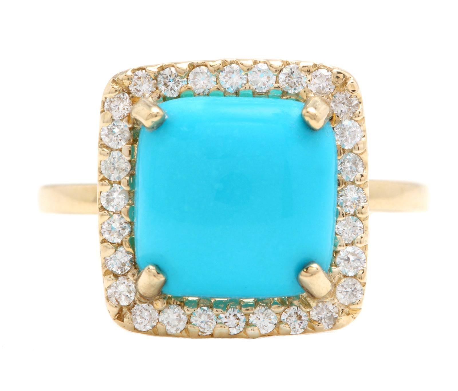 3.60 Carats Impressive Natural Turquoise and Diamond 14K Yellow Gold Ring

Suggested Replacement Value $4,500.00

Total Natural Oval Turquoise Weight is: Approx. 3.20 Carats 

Turquoise Measures: 10.00 x 10.00mm 

Natural Round Diamonds Weight: