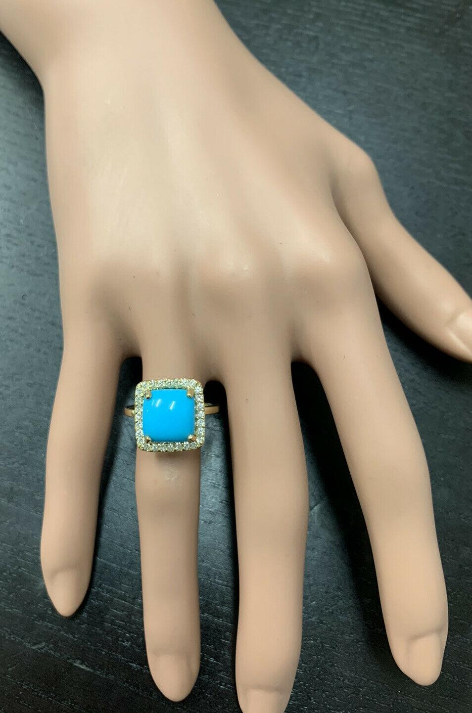 3.60 Carats Natural Turquoise and Diamond 14k Solid Yellow Gold Ring In New Condition For Sale In Los Angeles, CA