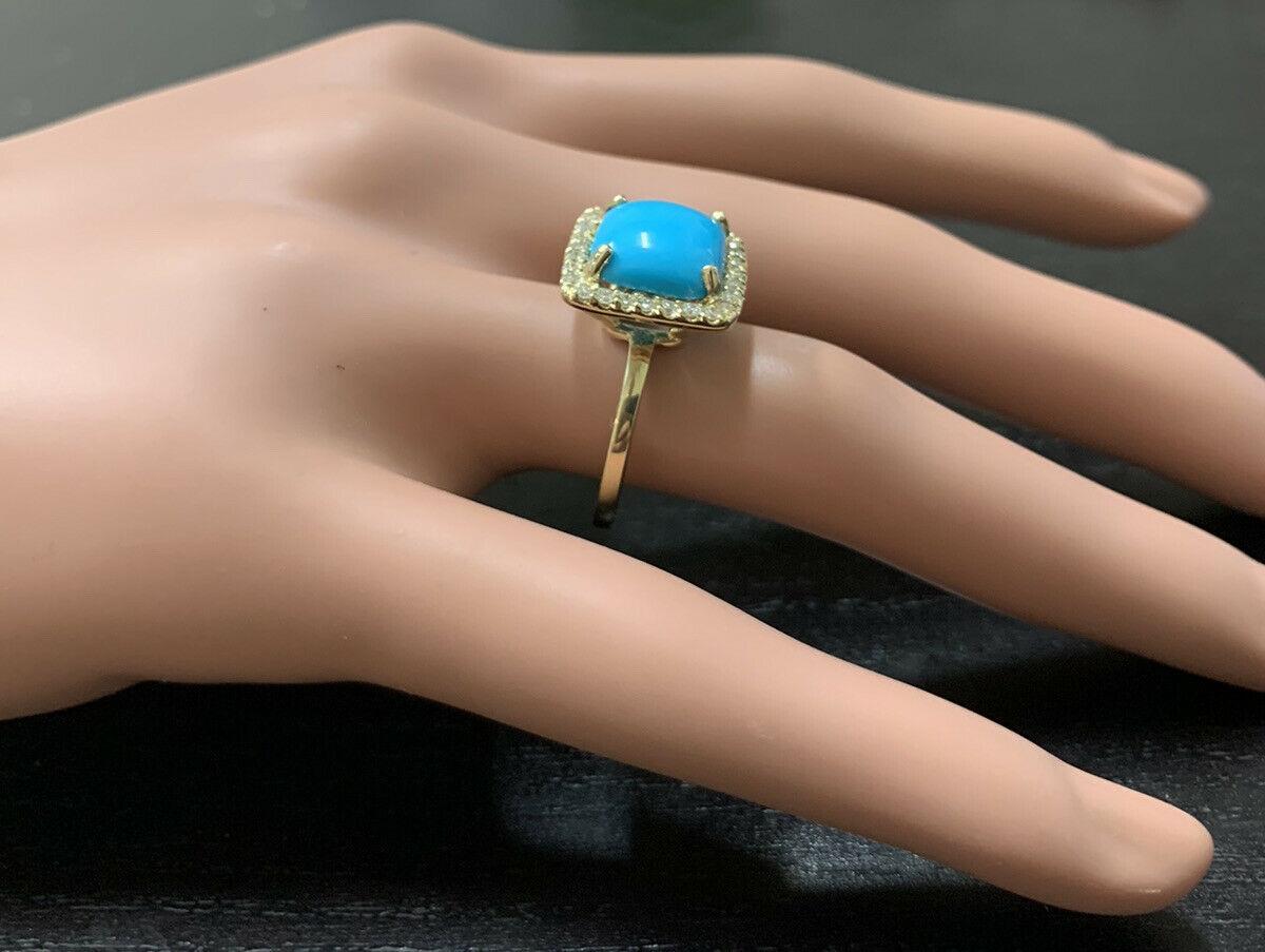 3.60 Carats Natural Turquoise and Diamond 14k Solid Yellow Gold Ring For Sale 1