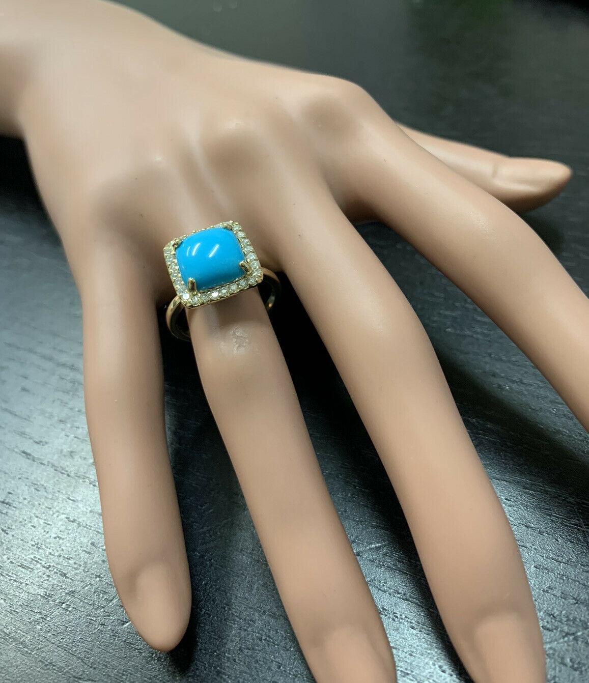 3.60 Carats Natural Turquoise and Diamond 14k Solid Yellow Gold Ring For Sale 2