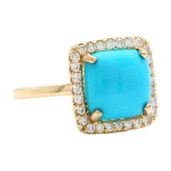 3.60 Carats Natural Turquoise and Diamond 14k Solid Yellow Gold Ring