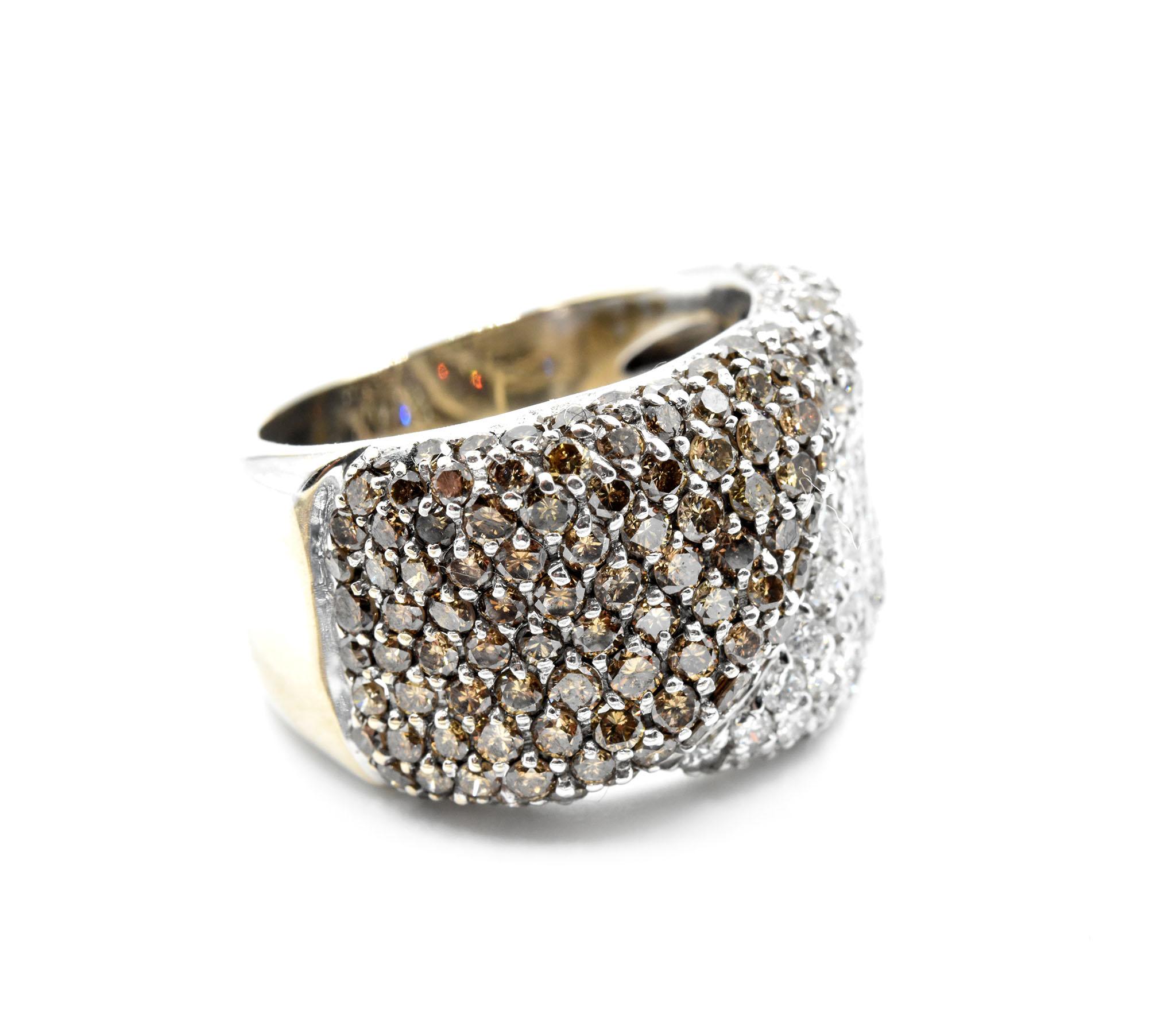 Designer: custom design
Material: 14k white gold
White Diamonds: 90 round brilliant cuts = 1.80 carats
Chocolate Diamonds: 90 round brilliant cuts = 1.80 carats
Total Carat Weight: 3.60 carat total weight
Dimensions: ring top is a 1/2-inch wide
Ring