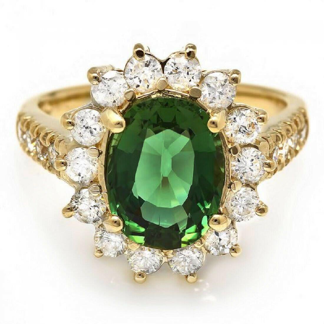 3.60 Carat Natural Looking Green Tourmaline & Diamond 14K Solid Yellow Gold Ring In New Condition For Sale In Los Angeles, CA