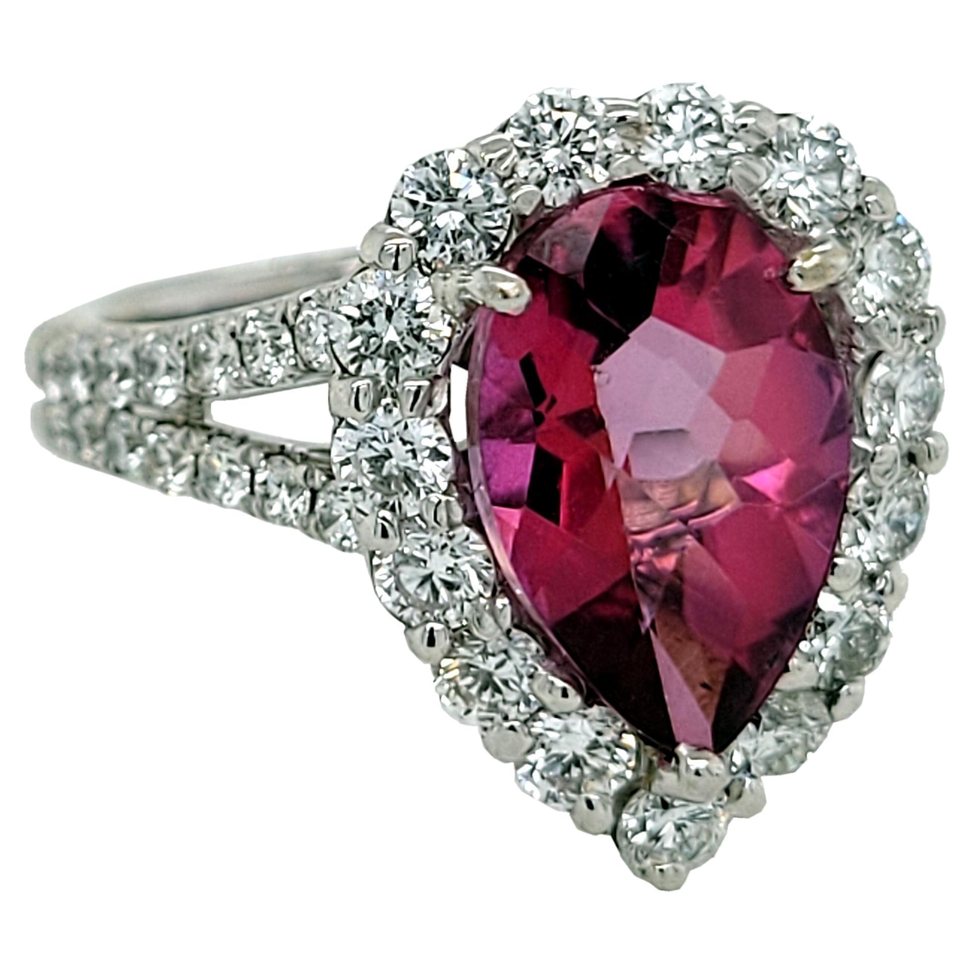 3.60 Ct Pear Shape Pink Topaz 18K Split Shank Engagement Ring with Halo For Sale