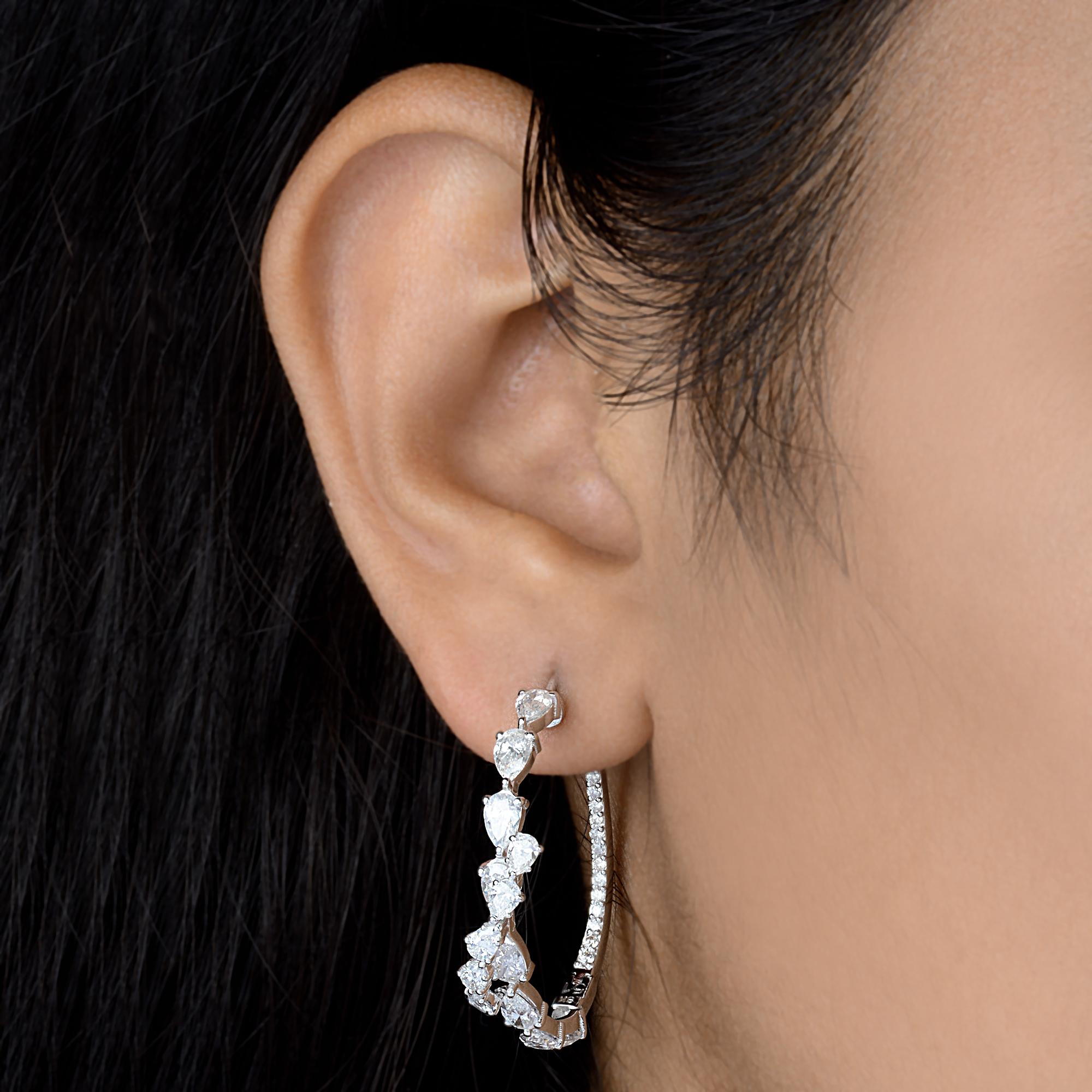 Modern 3.60 Ct SI Clarity HI Color Pear Shape Diamond Hoop Earrings 18 Karat White Gold For Sale