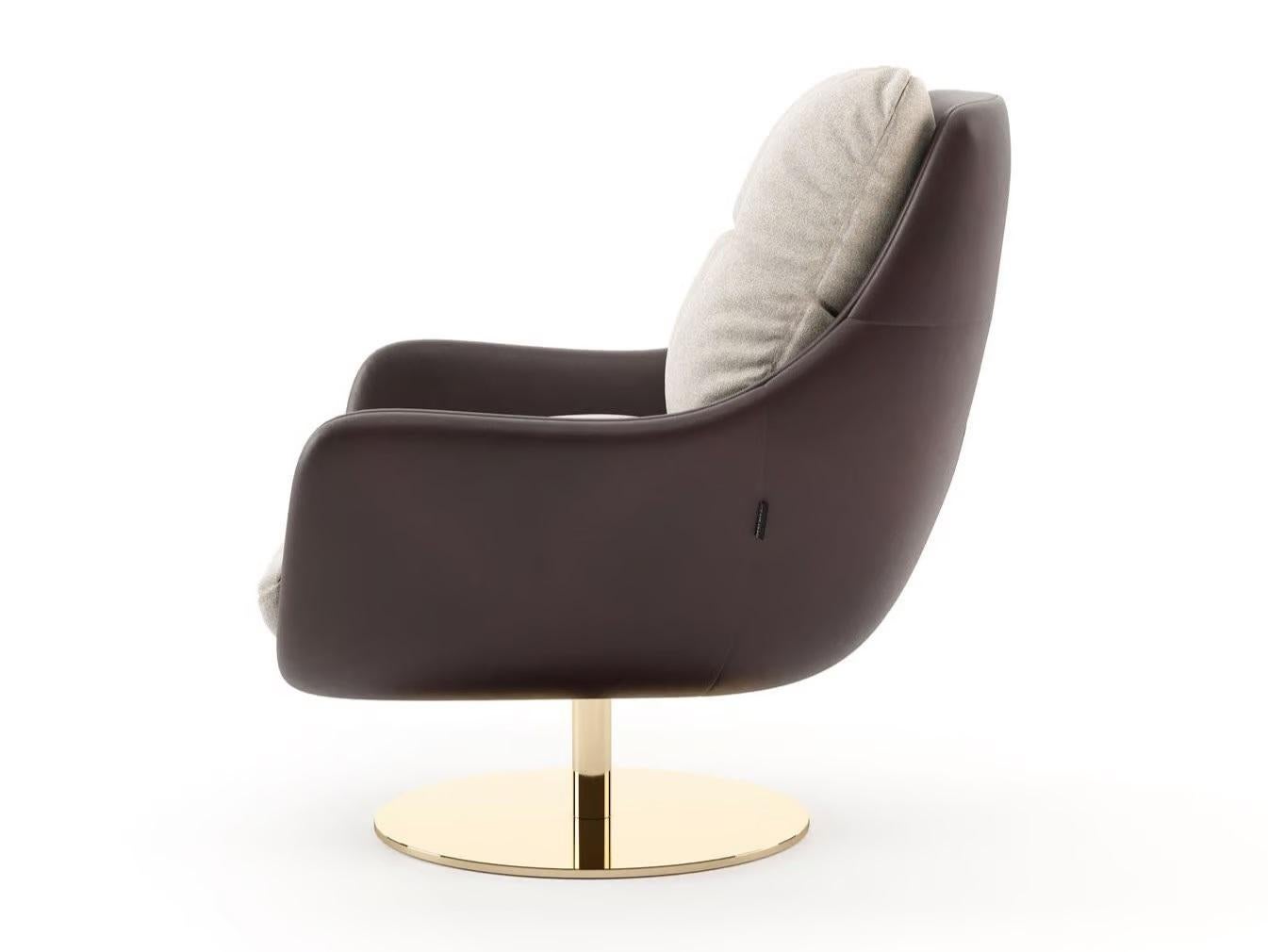 Modern 360-Degree Swivel Armchair In Leather/Velvet Upholstery & Polished Gold Base For Sale