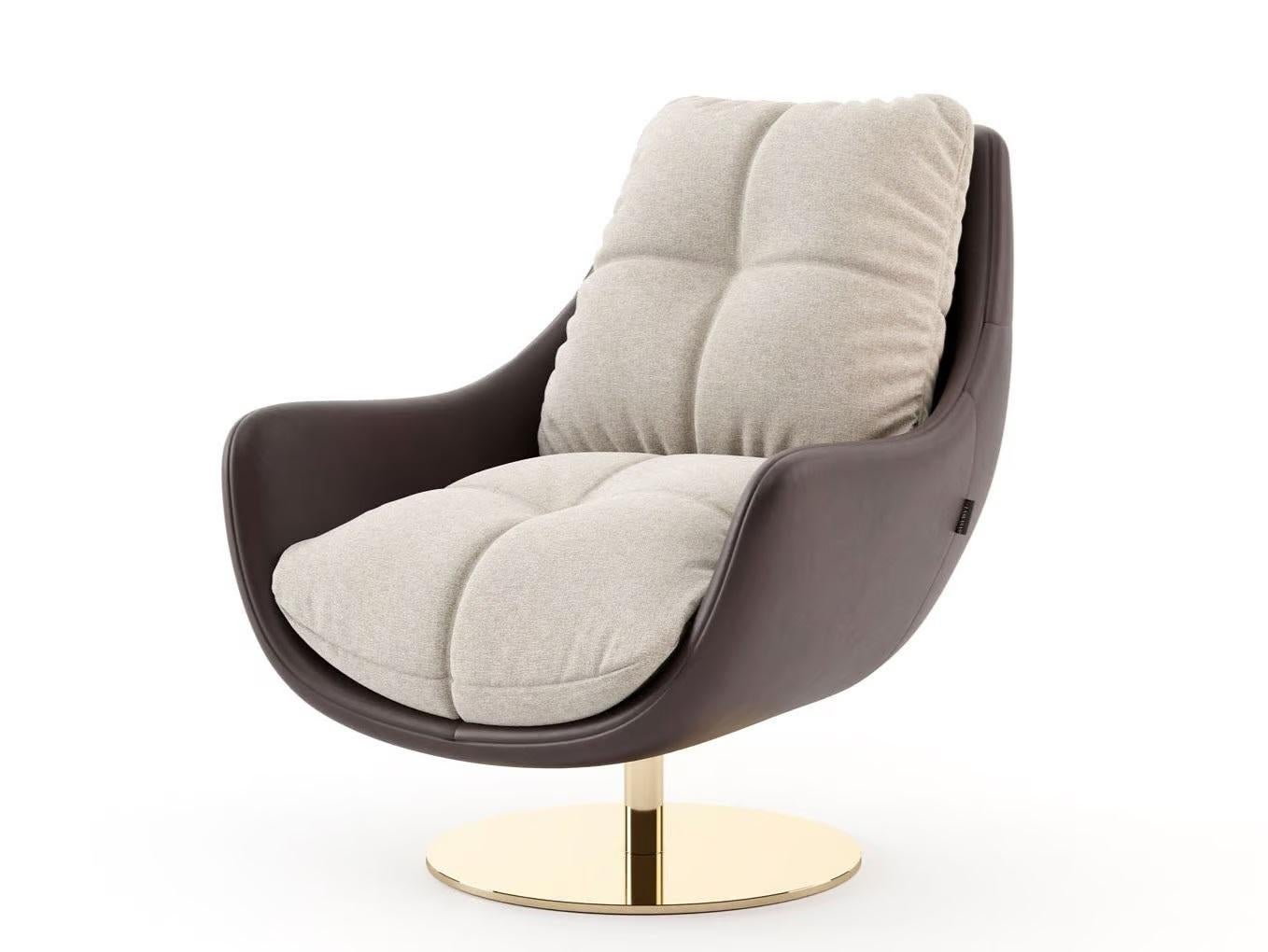 Contemporary 360-Degree Swivel Armchair In Leather/Velvet Upholstery & Polished Gold Base For Sale