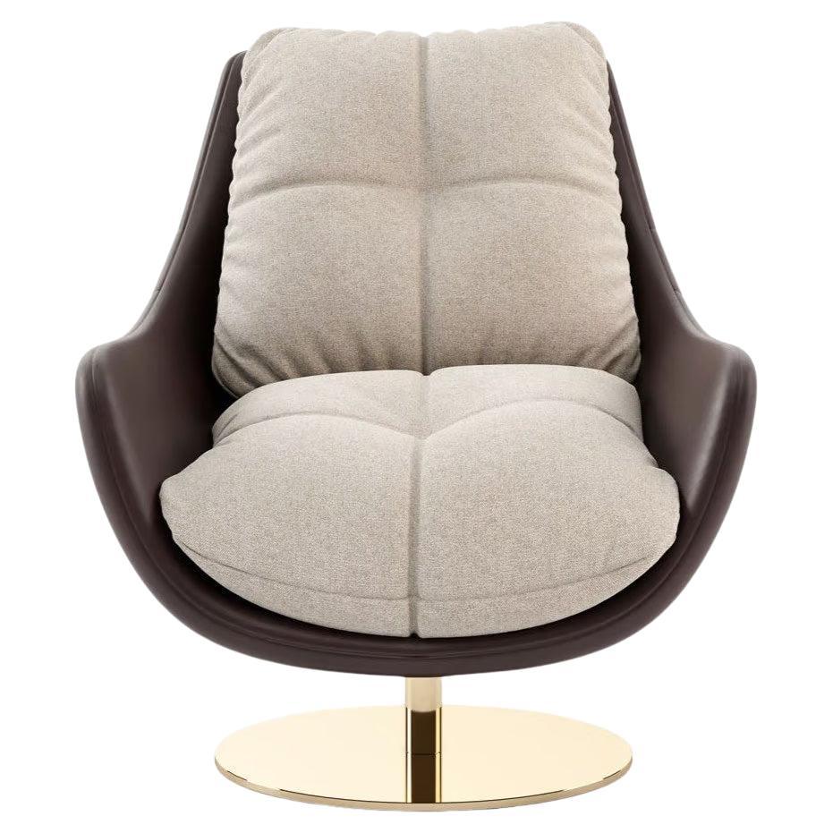 360-Degree Swivel Armchair In Leather/Velvet Upholstery & Polished Gold Base