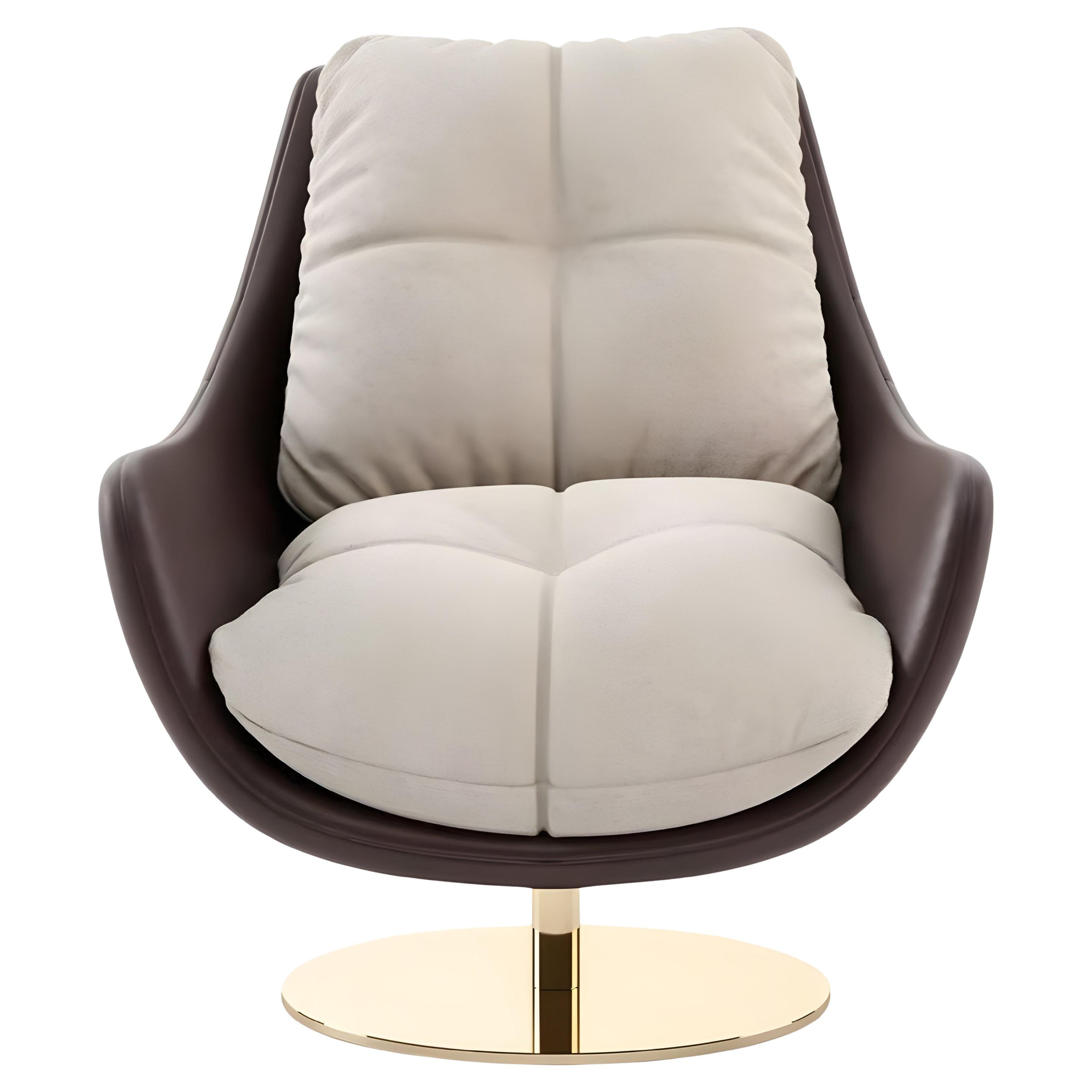 360-Degree Swivel Armchair In Leather/Velvet Upholstery & Polished Gold Base