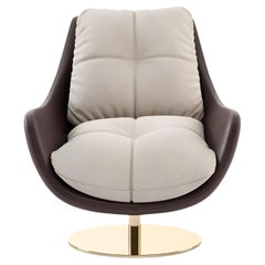 360-Degree Swivel Armchair In Leather/Velvet Upholstery & Polished Gold Base