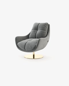 360-Degree Swivel Armchair In Velvet Upholstery & Polished Gold Base