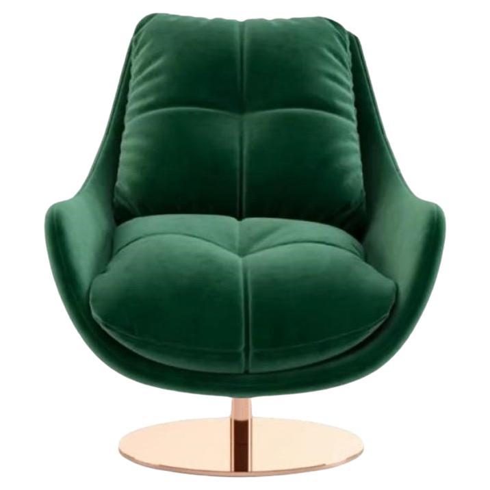 360-Degree Swivel Armchair In Velvet Upholstery & Polished Gold Base