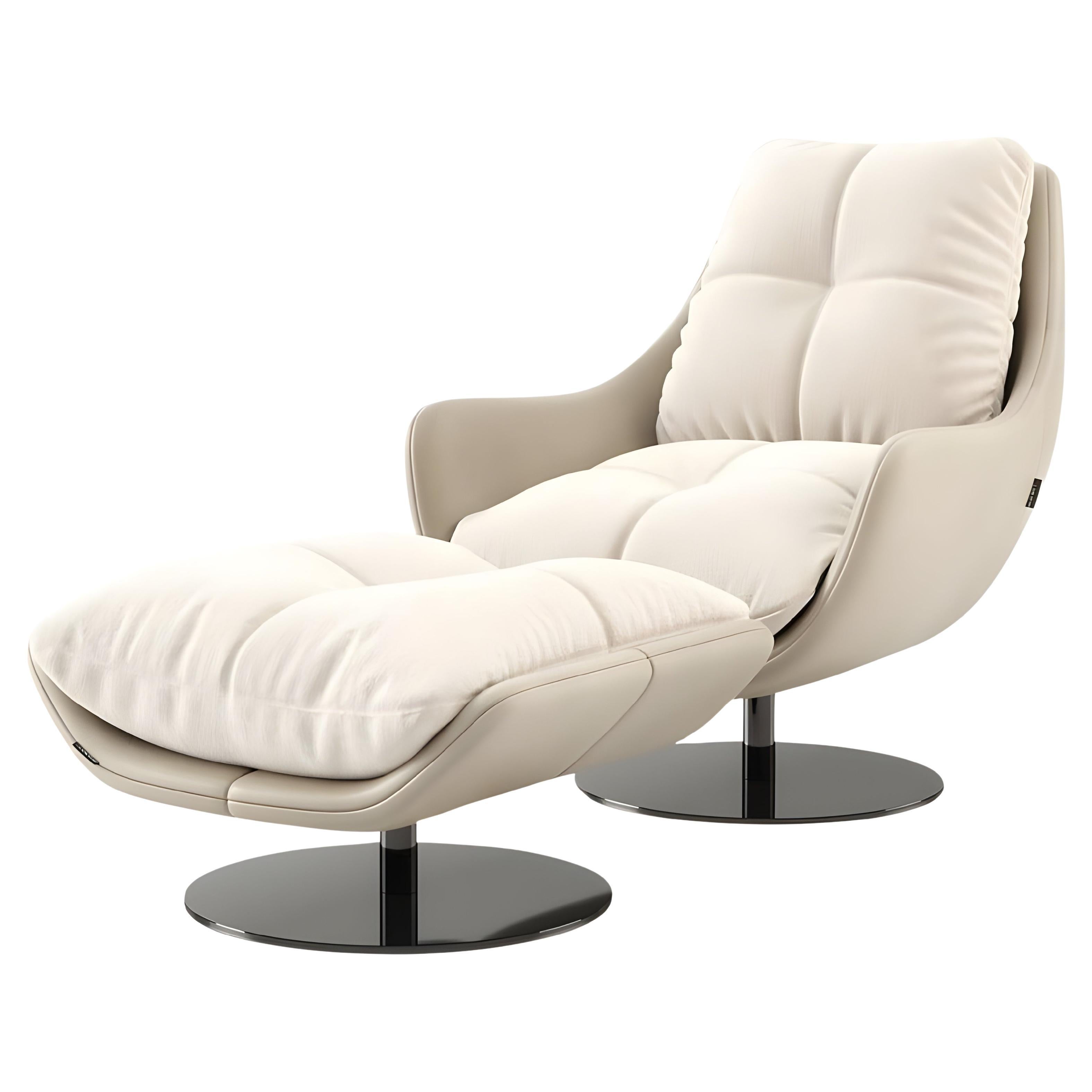 360-Degree Swivel Armchair with Matching Ottoman In Leather & Velvet For Sale