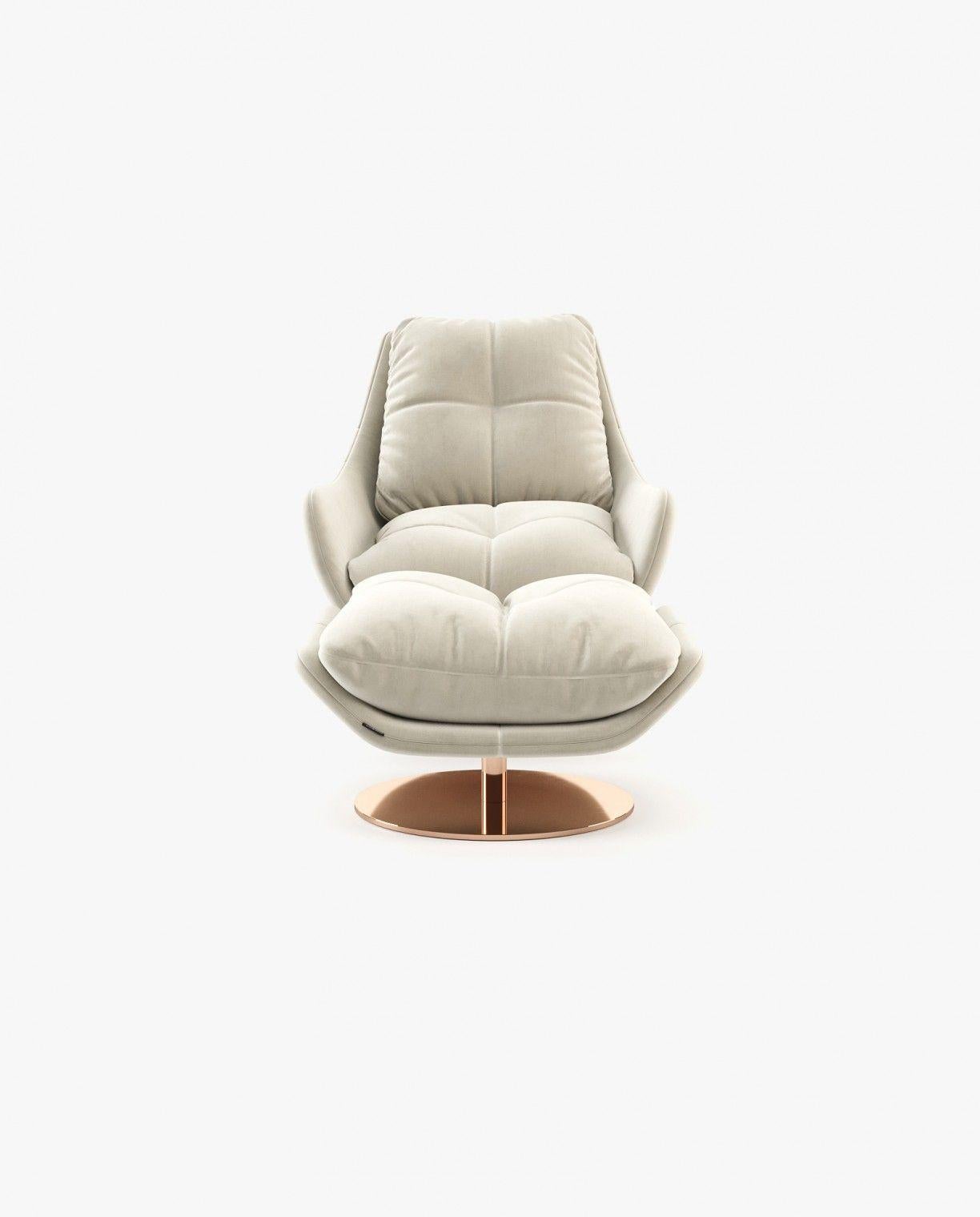 Designed by the renowned Sotiris Lazou Design Studio, this stylish armchair is an exquisite and chic seating option that merges comfort with contemporary style. It showcases a gracefully curved design and can be paired with a matching ottoman, both