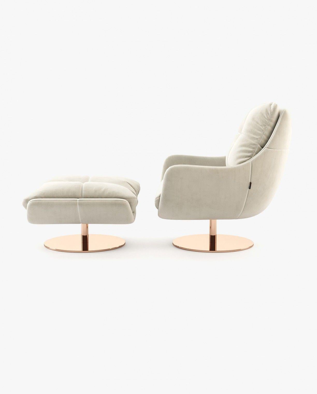 Modern 360-Degree Swivel Armchair with Matching Ottoman In Vienna Cream Velvet For Sale