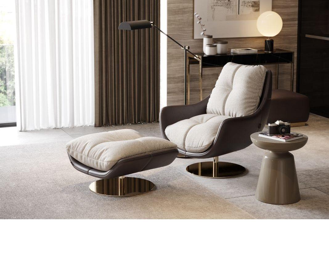 Portuguese 360-Degree Swivel Armchair with Matching Ottoman In Vienna Cream Velvet For Sale