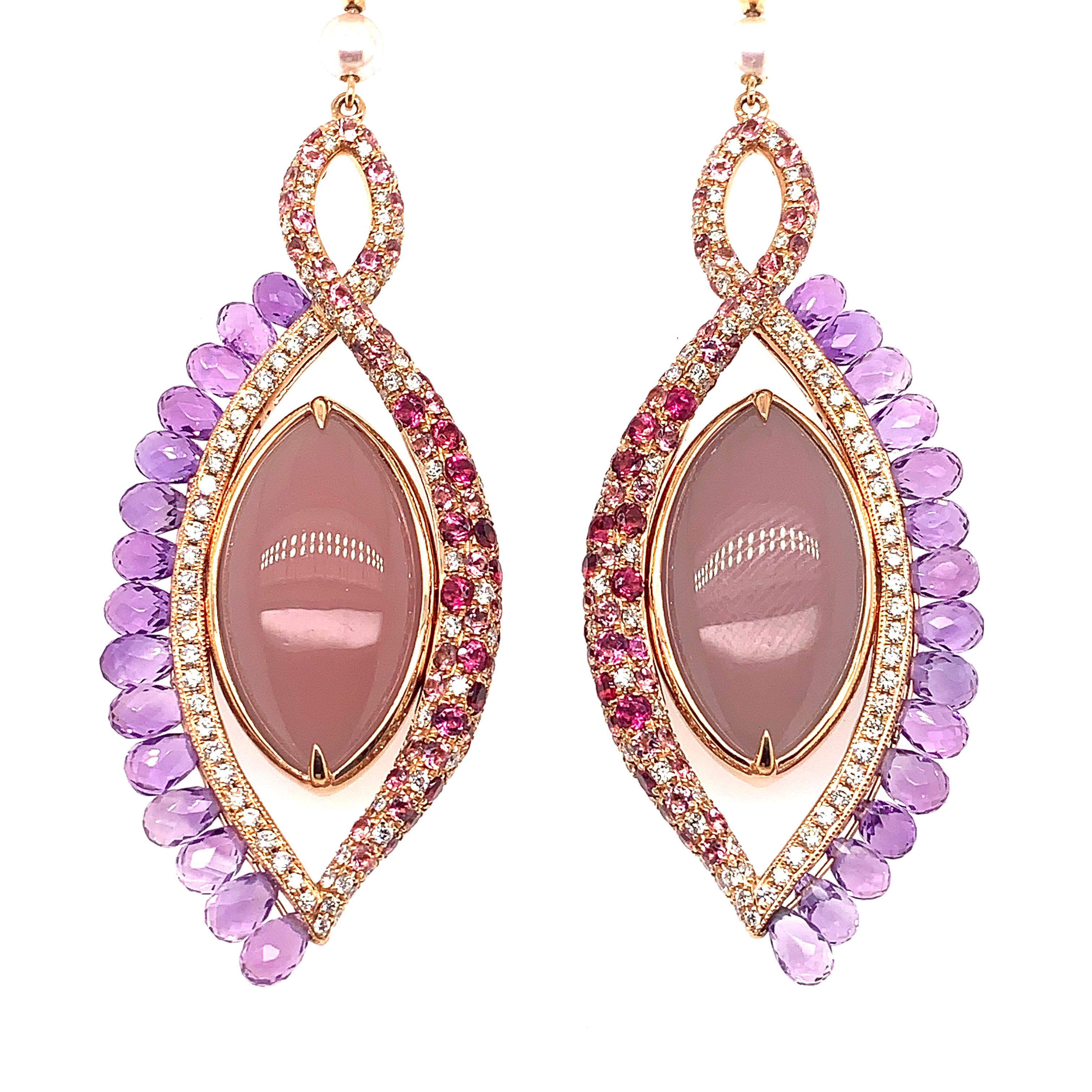 Modern 360° Double Sided Guava Quartz and Grey Moonstone Earring in 18 Karat Rose Gold For Sale