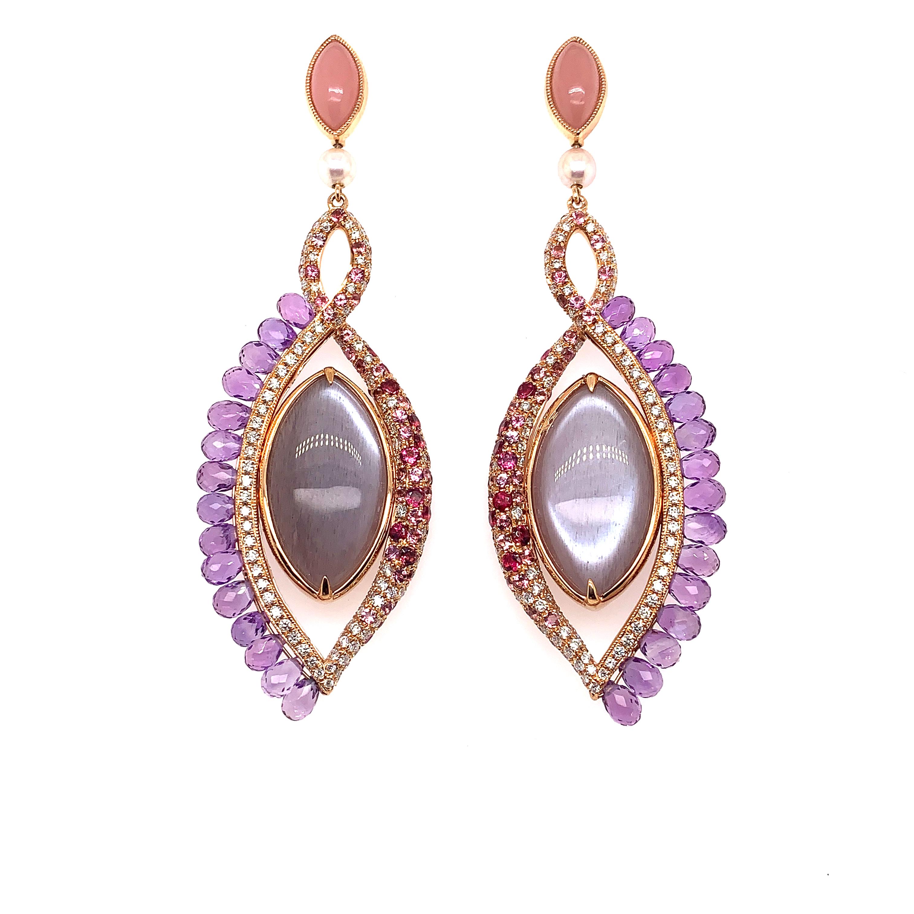 Women's 360° Double Sided Guava Quartz and Grey Moonstone Earring in 18 Karat Rose Gold For Sale