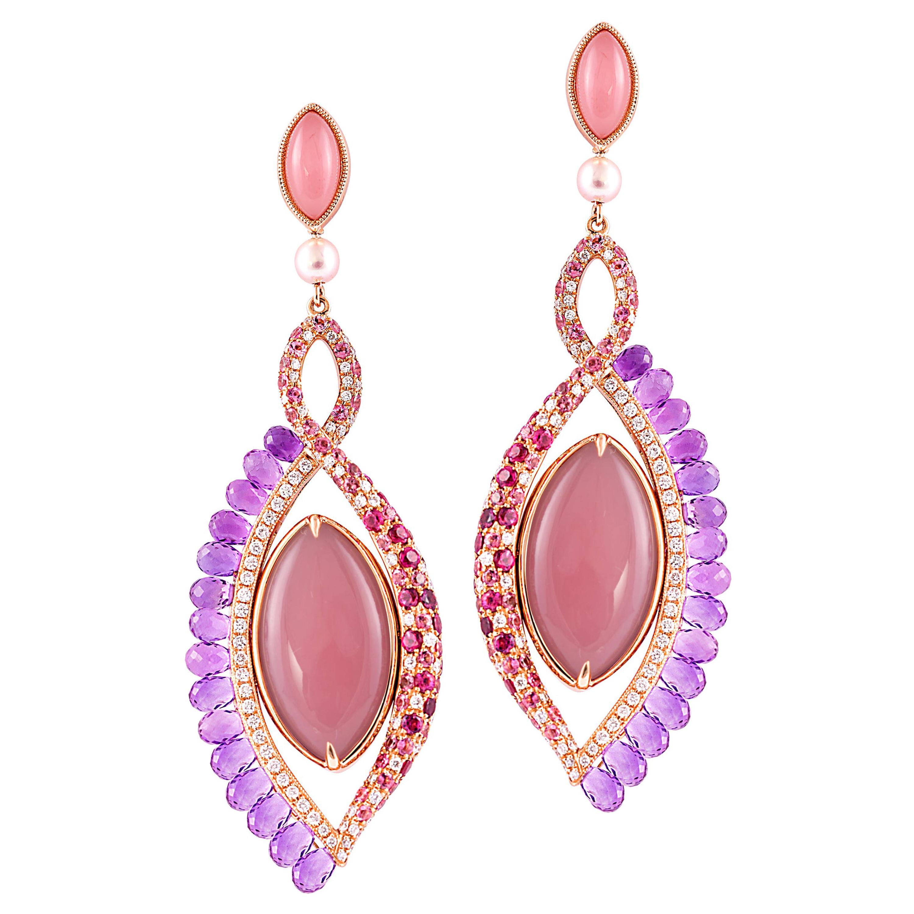 360° Double Sided Guava Quartz and Grey Moonstone Earring in 18 Karat Rose Gold For Sale