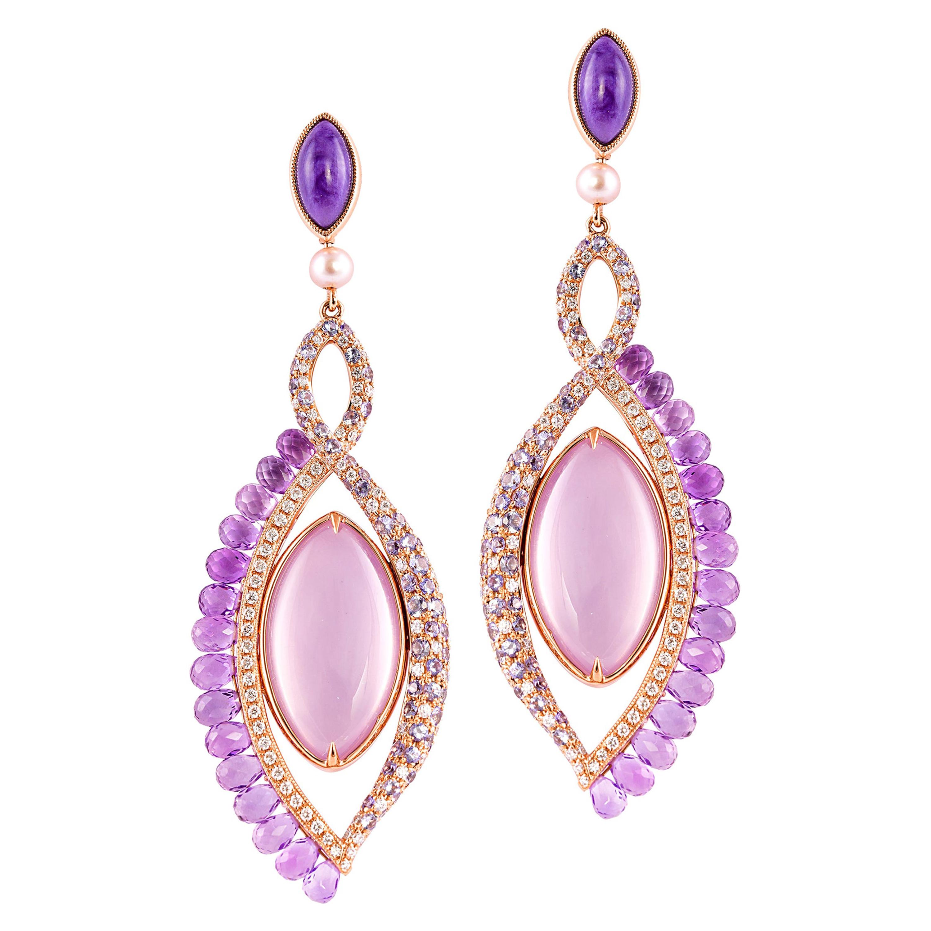 360° Double Sided Lavender Quartz and Rose Quartz Earring in 18 Karat Rose Gold For Sale