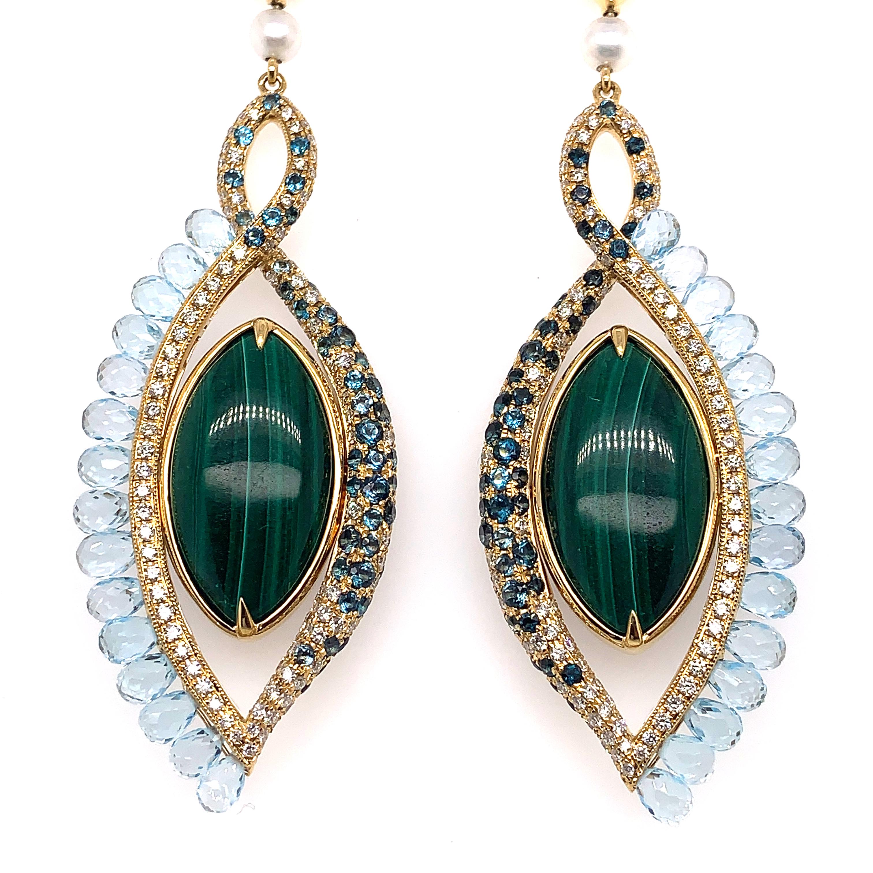 Women's 360° Double Sided Malachite and Lapis Earring in 18 Karat Rose Gold For Sale