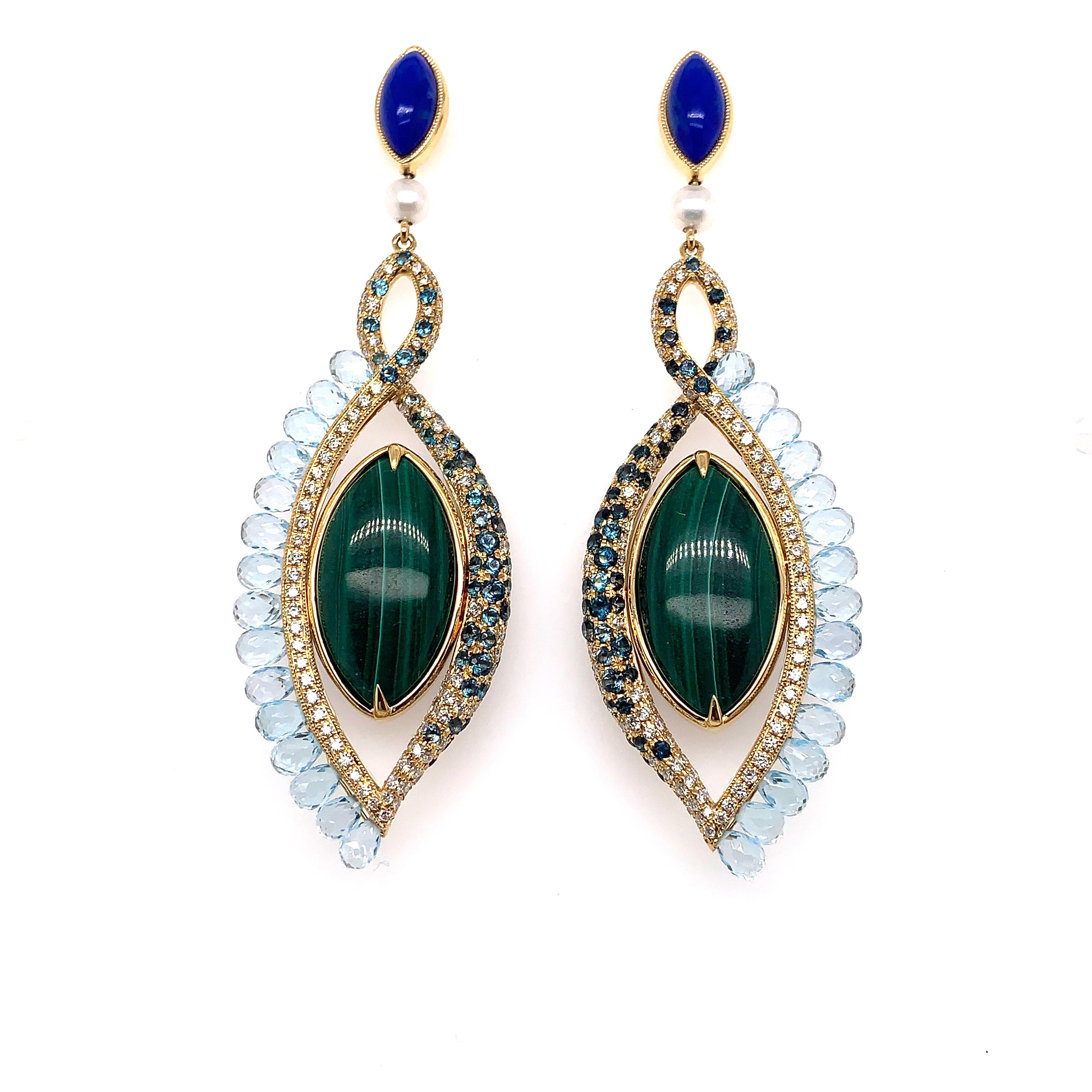 360° Double Sided Malachite and Lapis Earring in 18 Karat Rose Gold For Sale 1