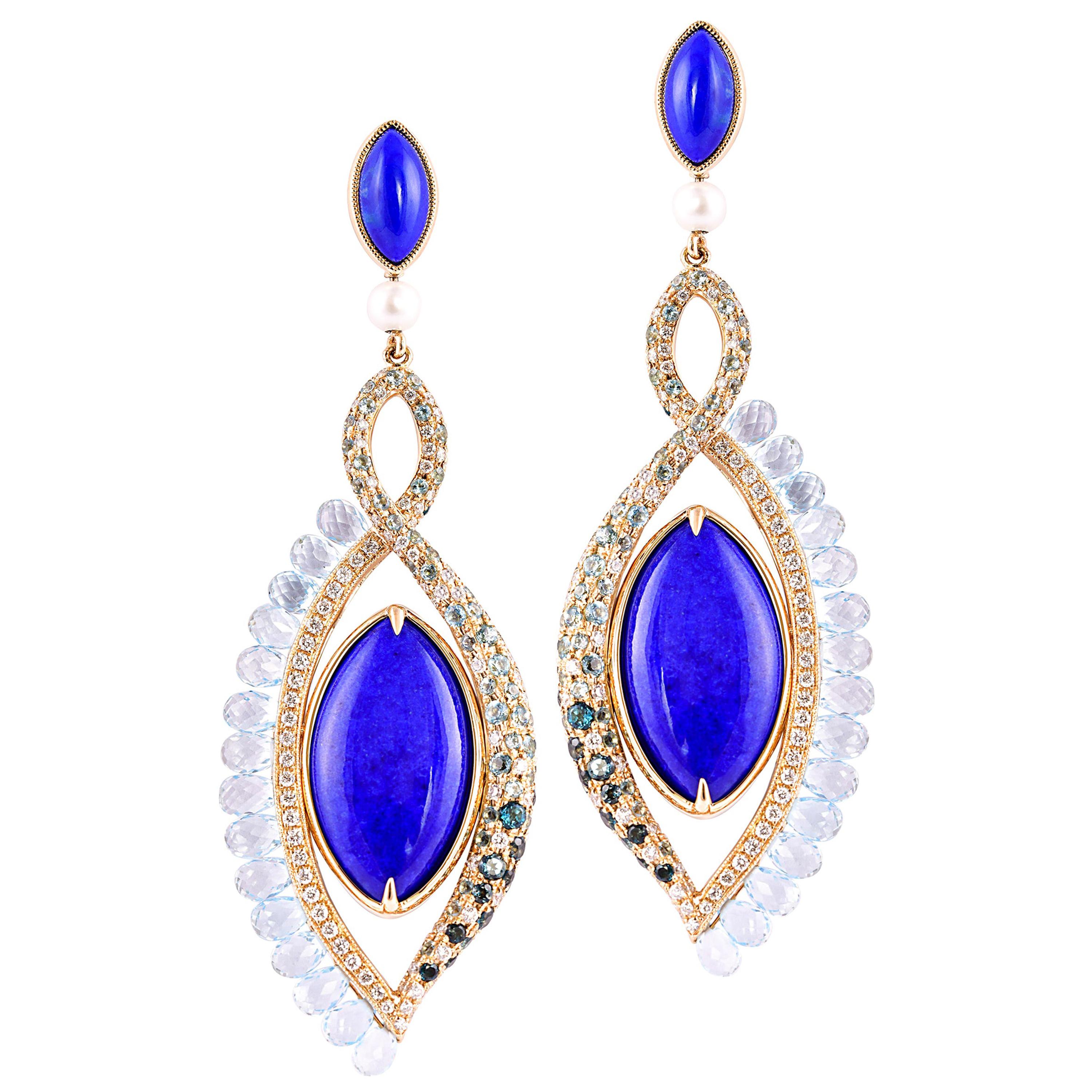 360° Double Sided Malachite and Lapis Earring in 18 Karat Rose Gold For Sale