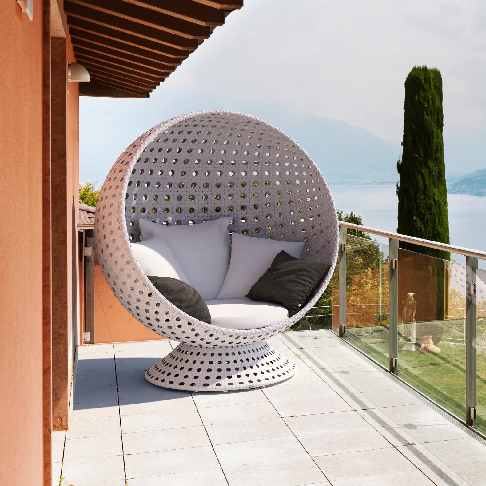 Modern 360° Rotating Outdoor Cocoon Chair in Open Cane Webbing For Sale