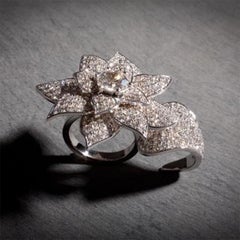 360 Diamond Double Finger 18K White Gold Flower Ring