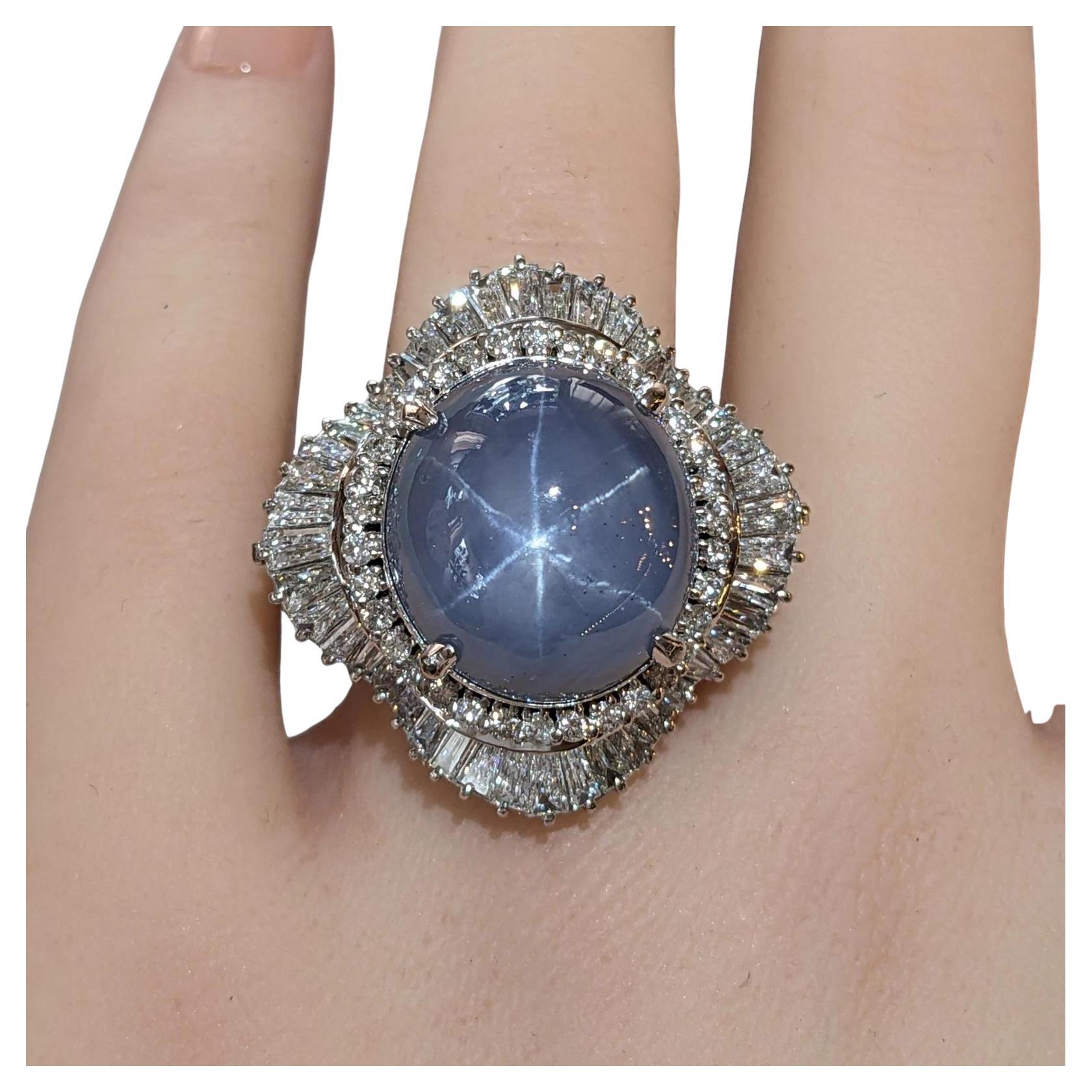 Bague saphir étoilé et diamant de 36,02 carats en platine en vente
