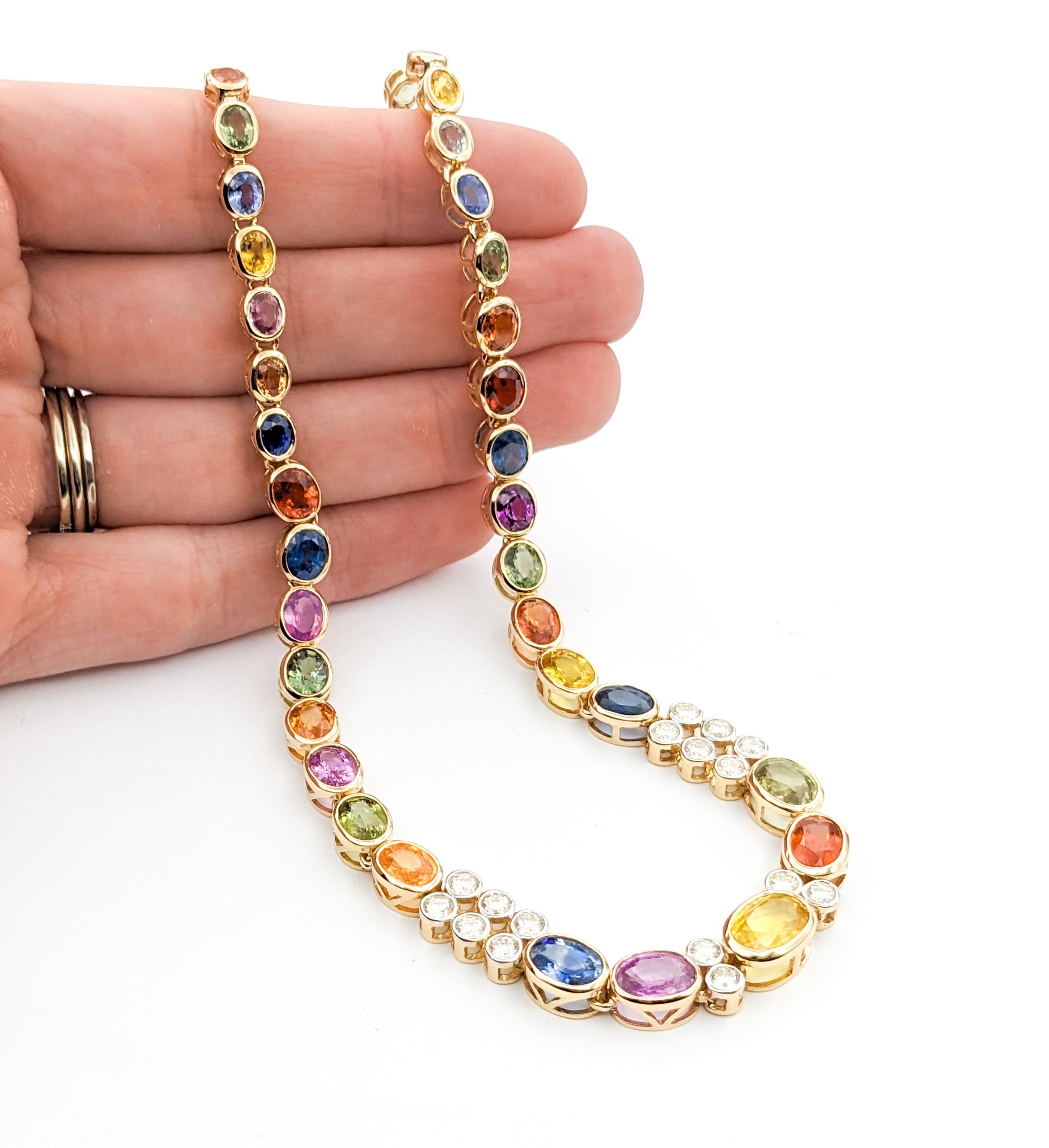 36.02ctw of Multi-Colored Sapphires & 1.89ctw Diamond Necklace In Yellow Gold For Sale 4