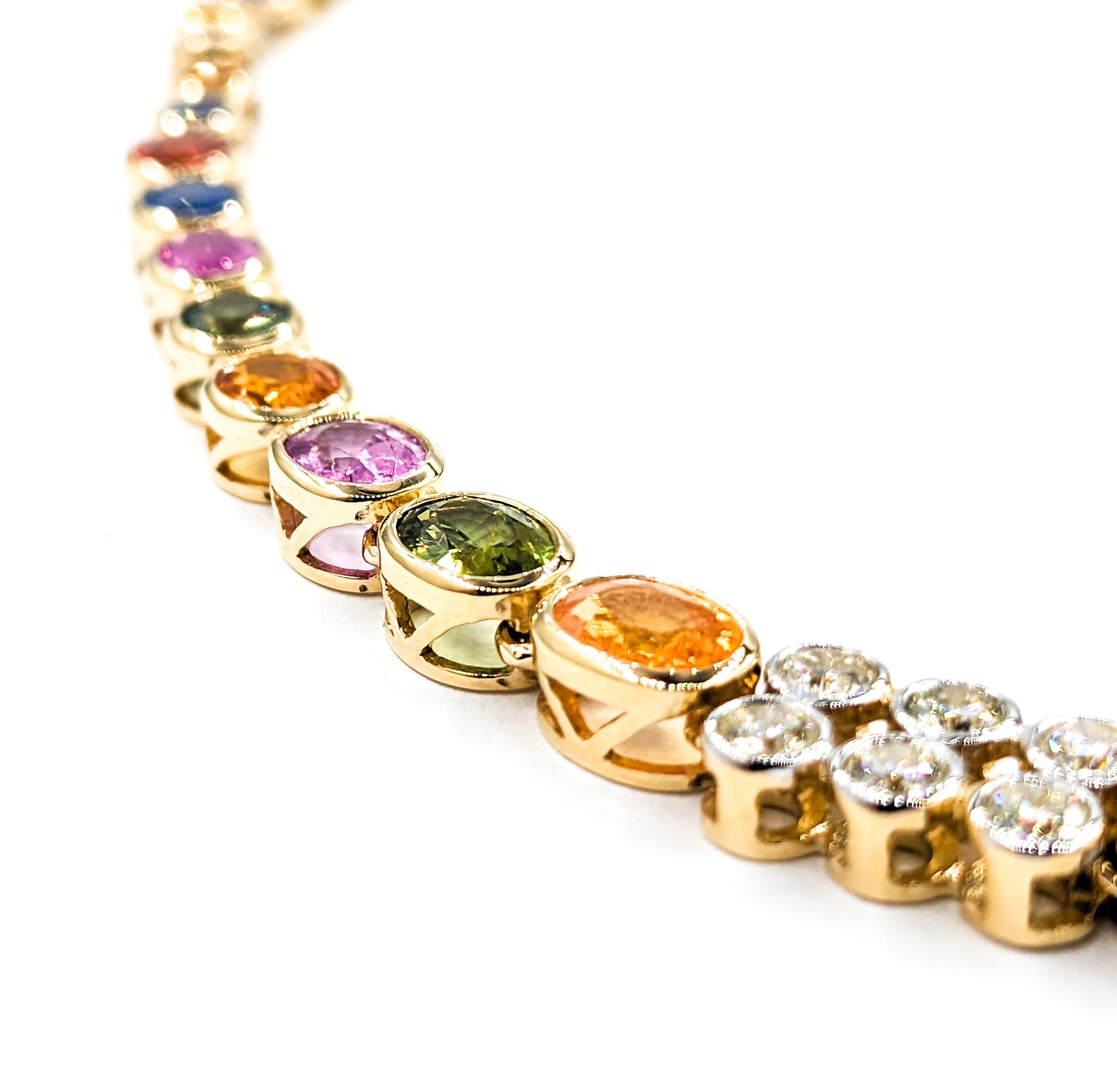 Contemporary 36.02ctw of Multi-Colored Sapphires & 1.89ctw Diamond Necklace In Yellow Gold For Sale