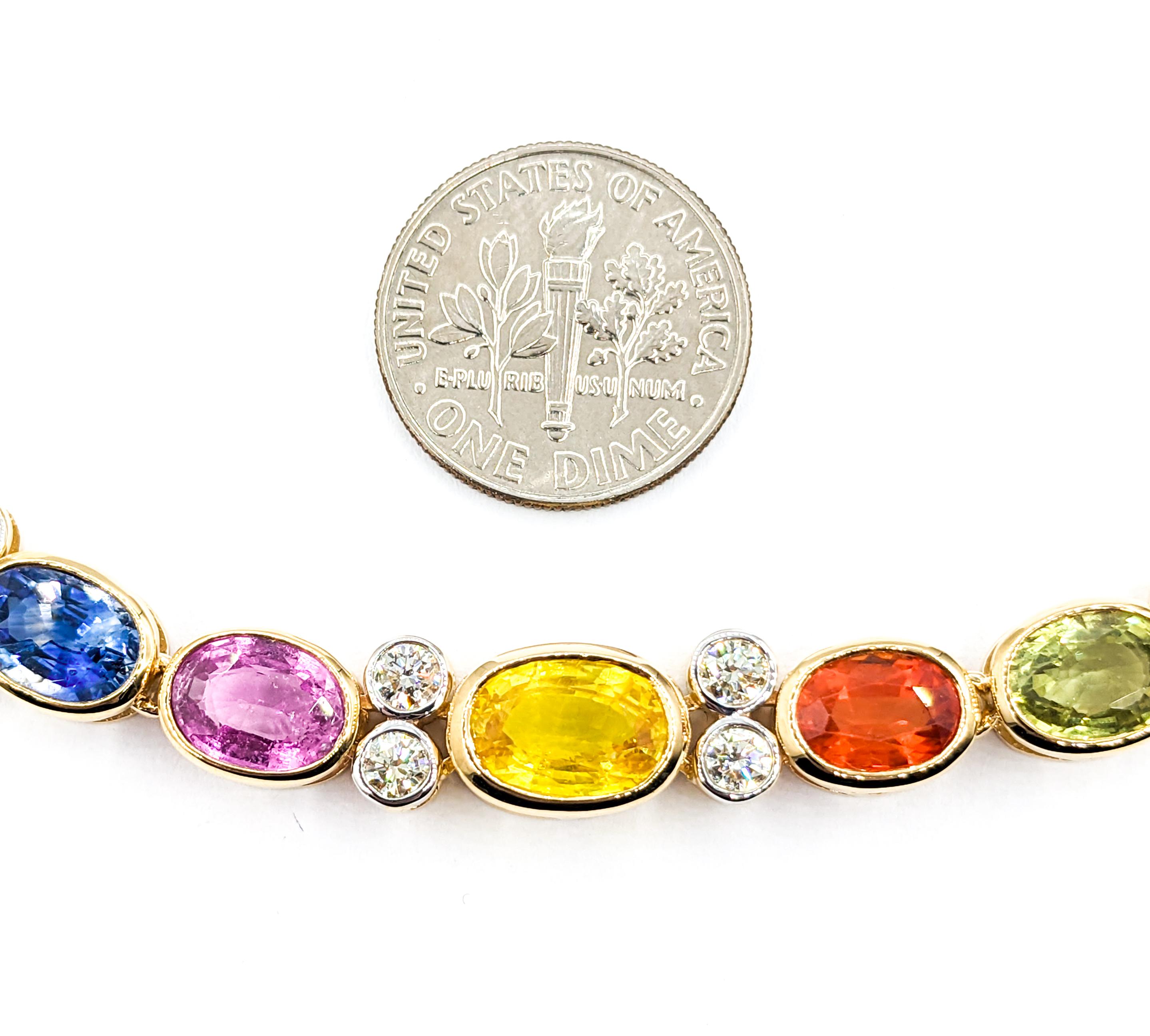 Round Cut 36.02ctw of Multi-Colored Sapphires & 1.89ctw Diamond Necklace In Yellow Gold For Sale