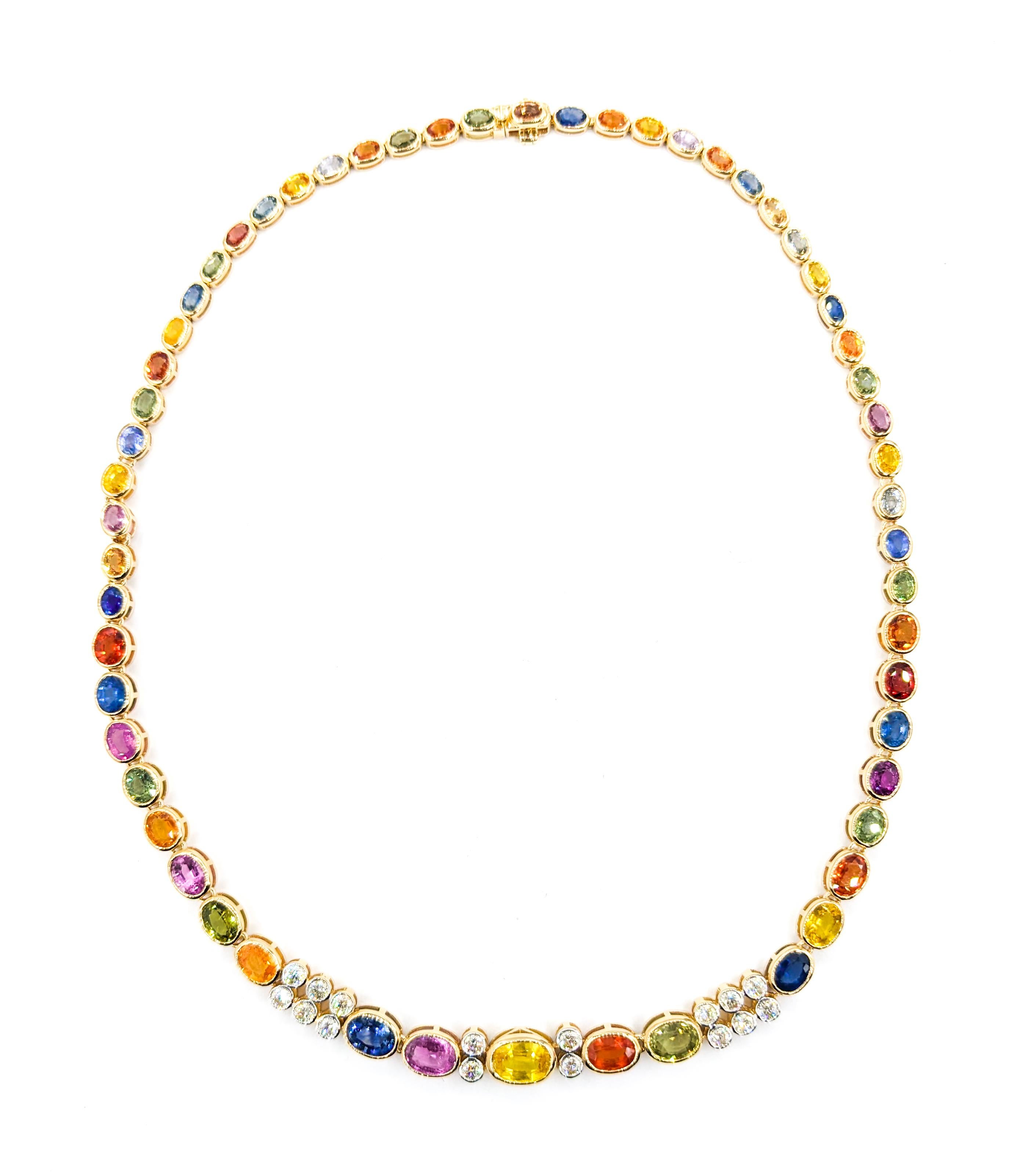 Women's 36.02ctw of Multi-Colored Sapphires & 1.89ctw Diamond Necklace In Yellow Gold For Sale
