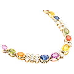 36.02ctw von Multi-Colored Sapphires & 1.89ctw Diamant-Halskette in Gelbgold