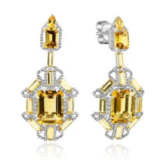 36.07 Ct Citrine Emerald Cuts & White Diamond Rounds 2.8 Ct 18K Gold Earrings