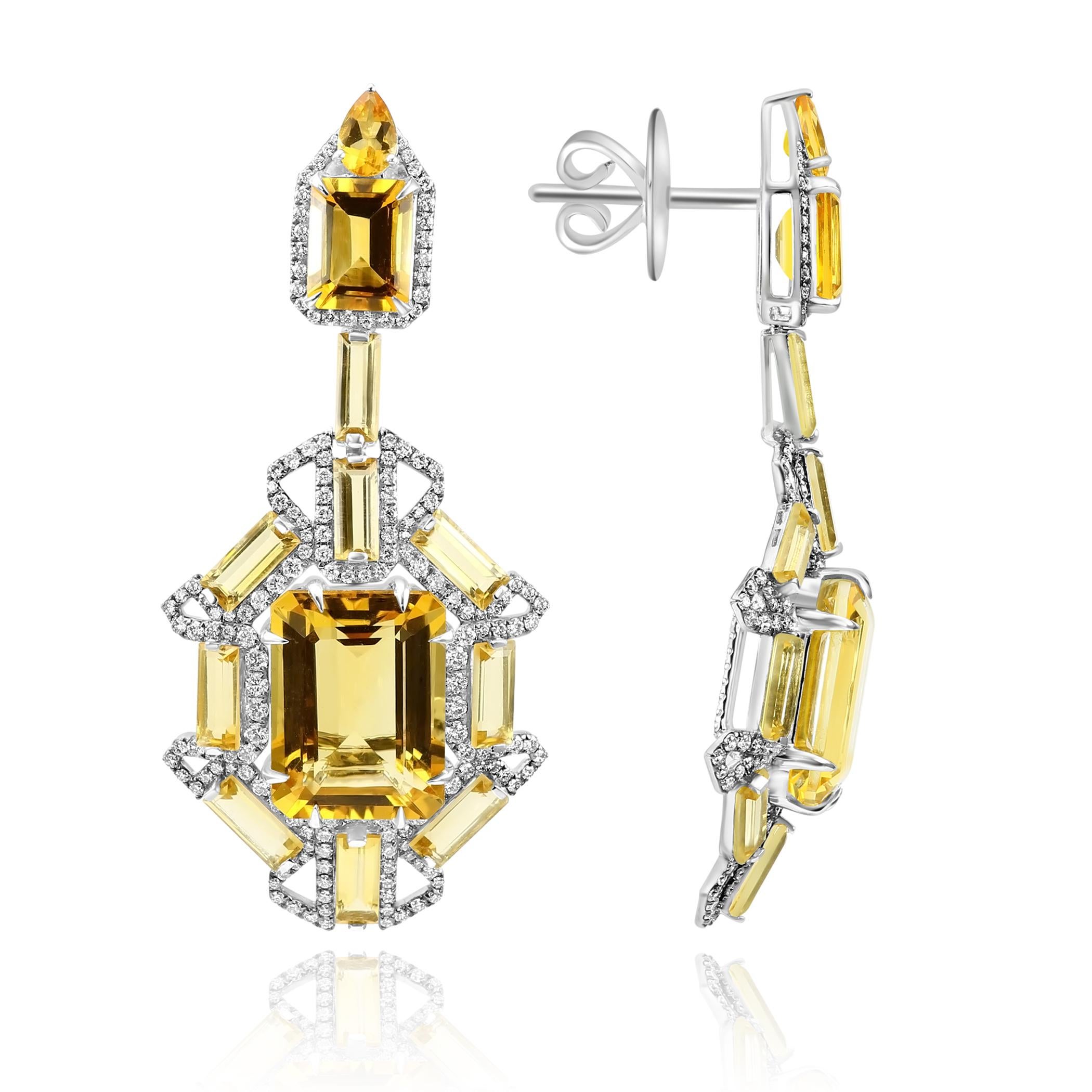 Taille émeraude Boucles d'oreilles en or 18 carats avec citrine taille émeraude 36,07 carats et diamants blancs ronds 2,8 carats en vente