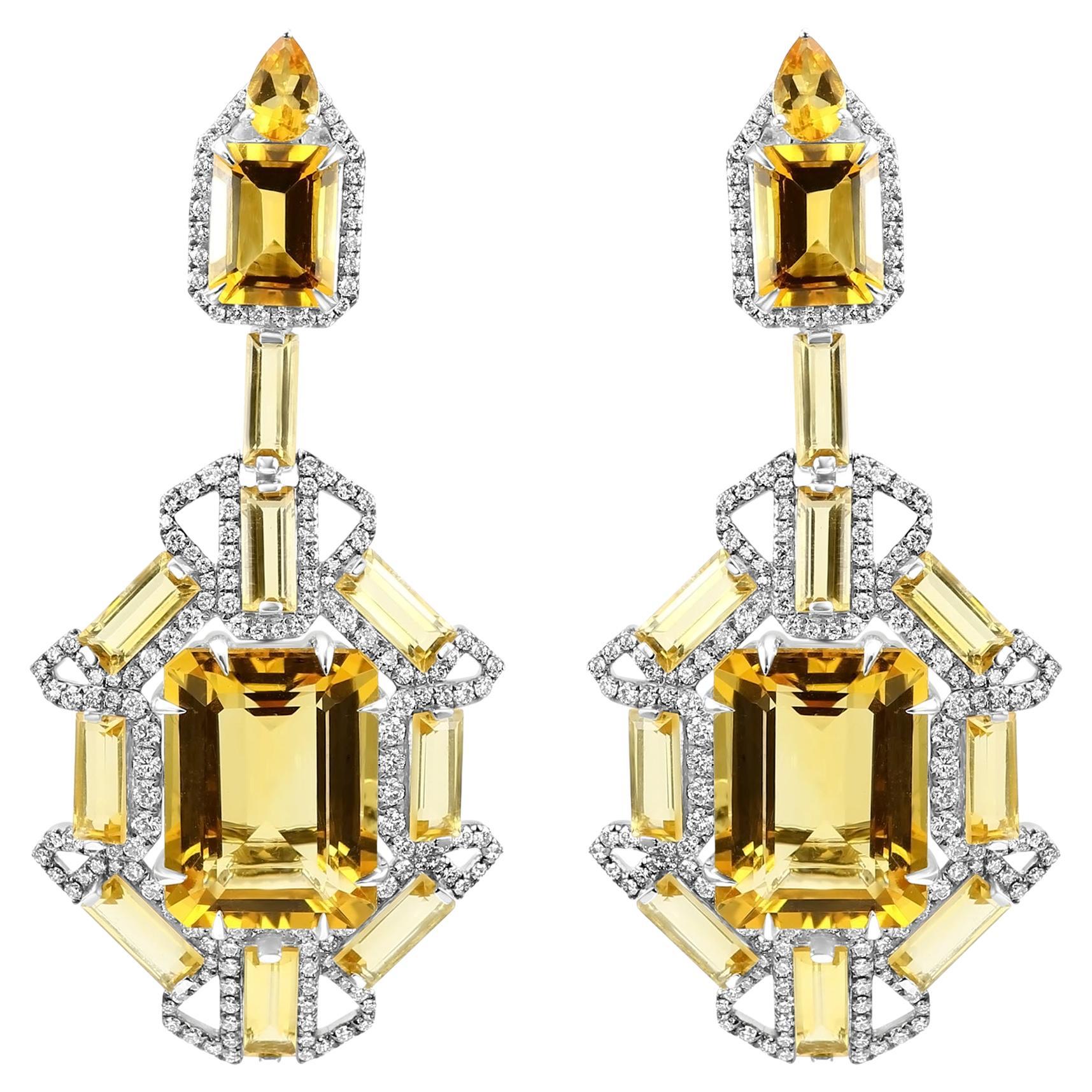 36,07 Karat Citrin Smaragdschliff & weißer Diamant Runder  2,8 Karat 18K Gold Ohrringe