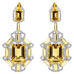 36.07 Ct Citrine Emerald Cuts & White Diamond Rounds 2.8 Ct 18K Gold Earrings