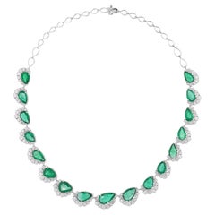 36.08TCW Pear Zambian Emerald Halo SI/H Diamond Necklace for Wife 14k White Gold