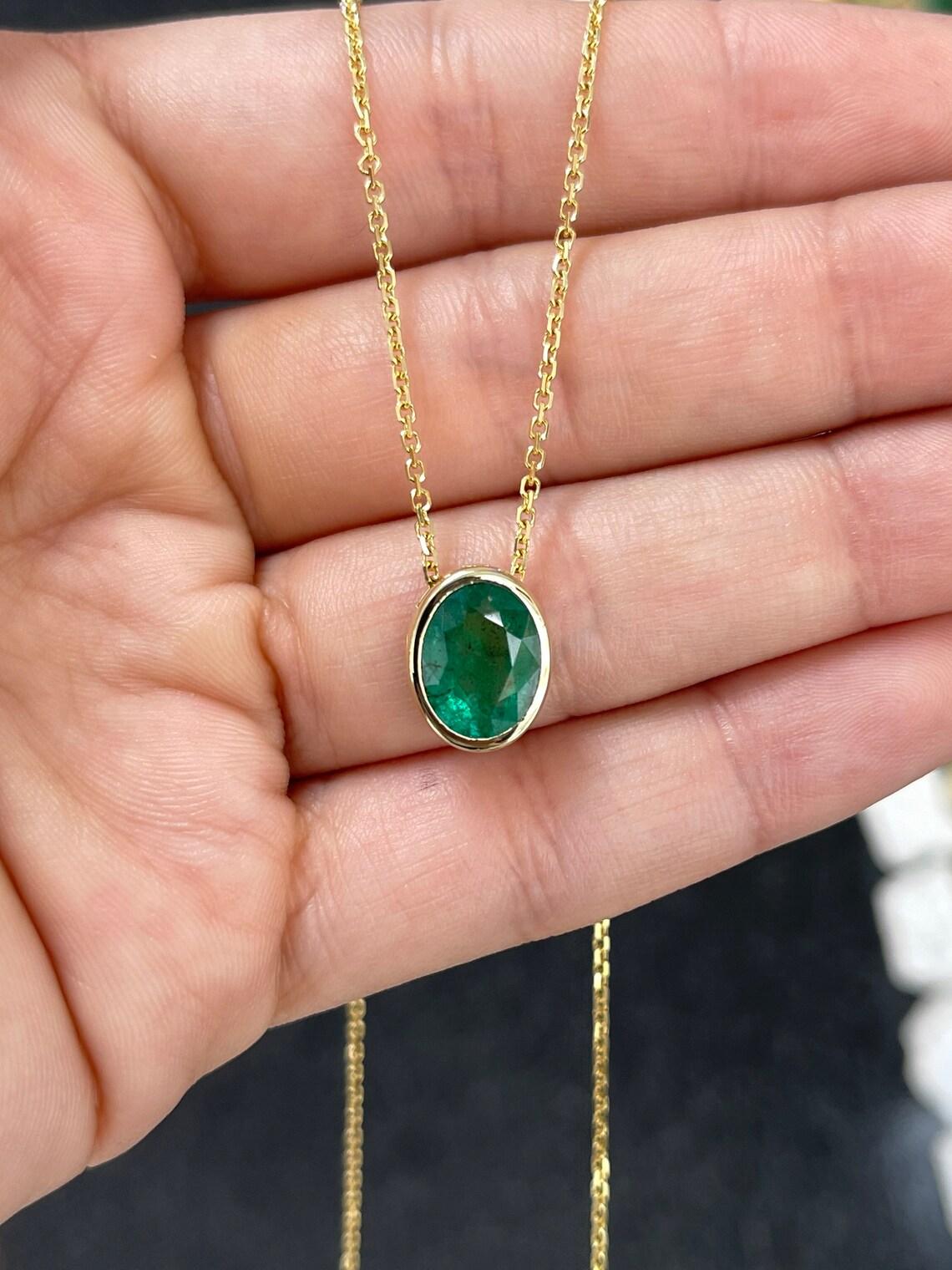 Modern 3.60ct 14K Oval Emerald Bezel Pendant Multi-Functional E-W or N-S Earthmined For Sale