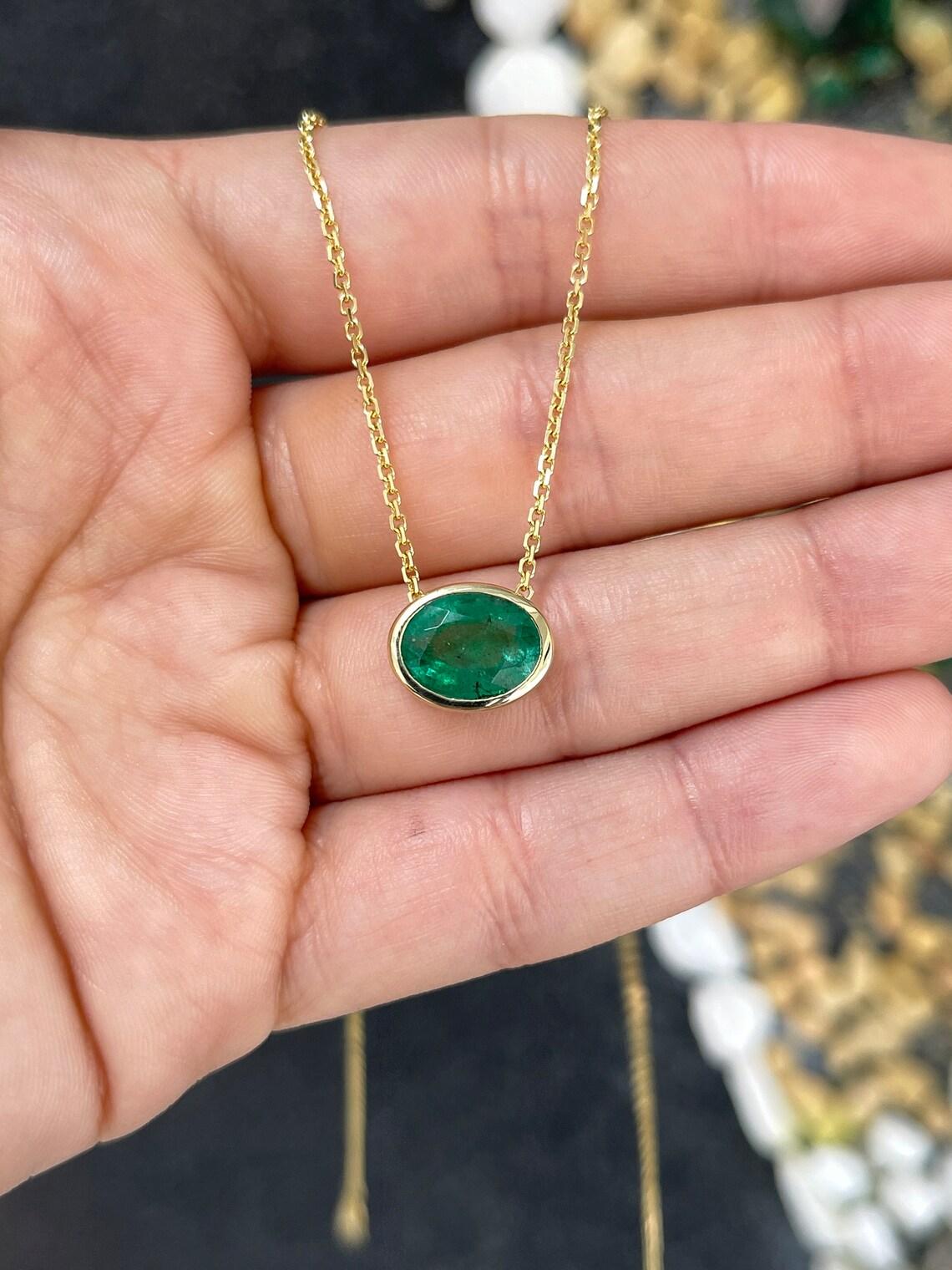 Oval Cut 3.60ct 14K Oval Emerald Bezel Pendant Multi-Functional E-W or N-S Earthmined For Sale