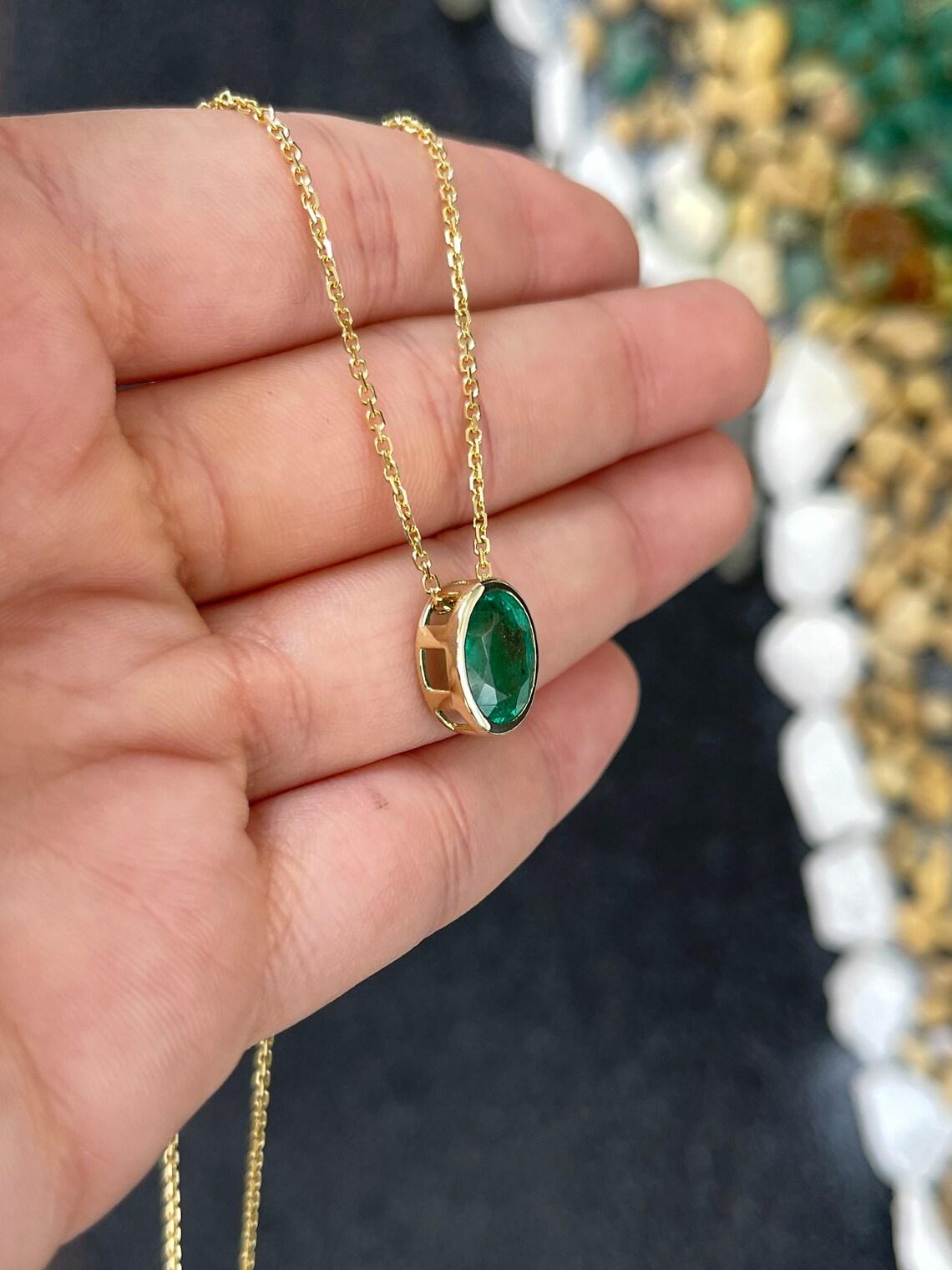 3.60ct 14K Oval Emerald Bezel Pendant Multi-Functional E-W or N-S Earthmined In New Condition For Sale In Jupiter, FL